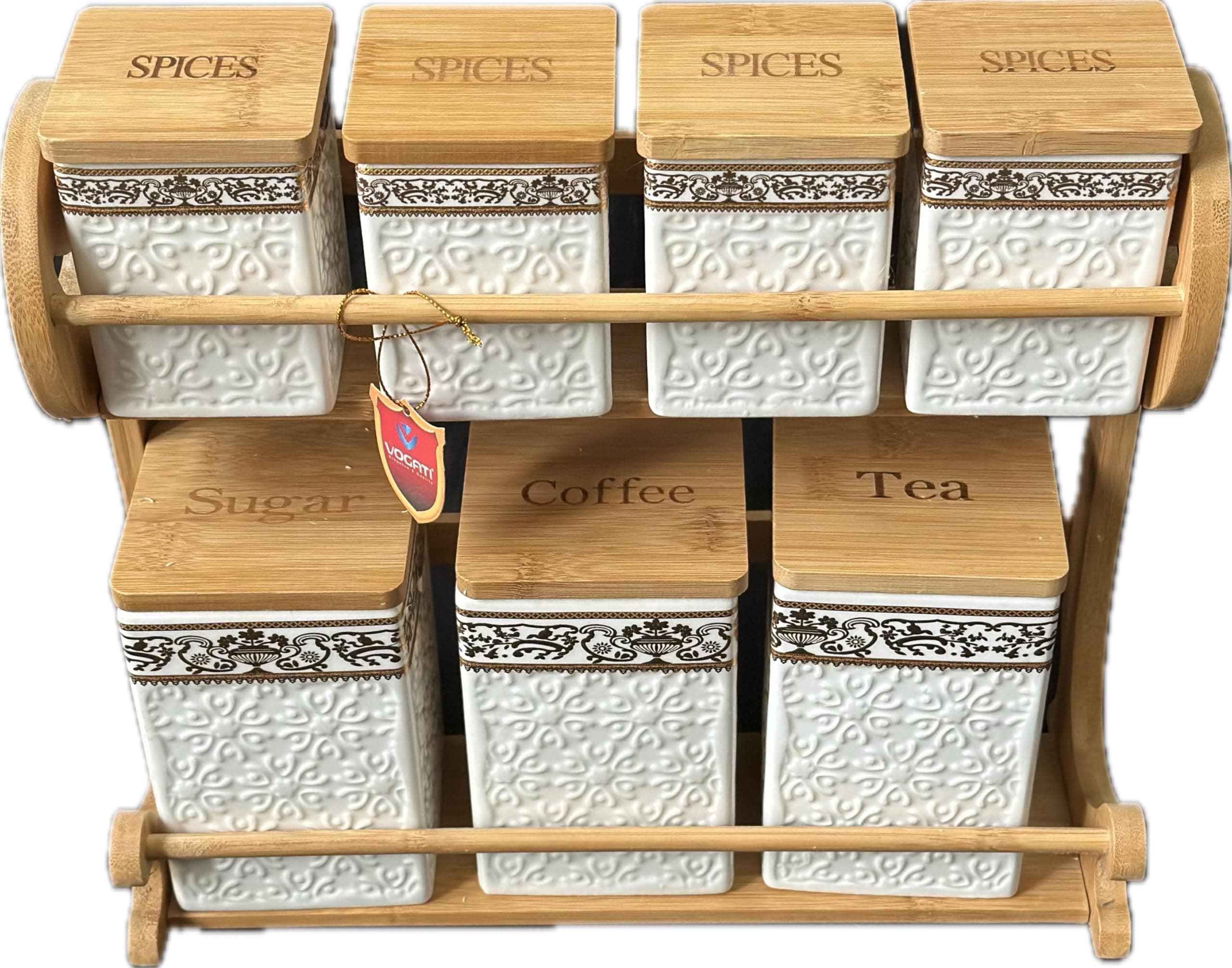 VOGATI set of 7 Ceramic Storage Jar Canisters with Bamboo Base and With Bamboo Lid, Kitchen Storage,