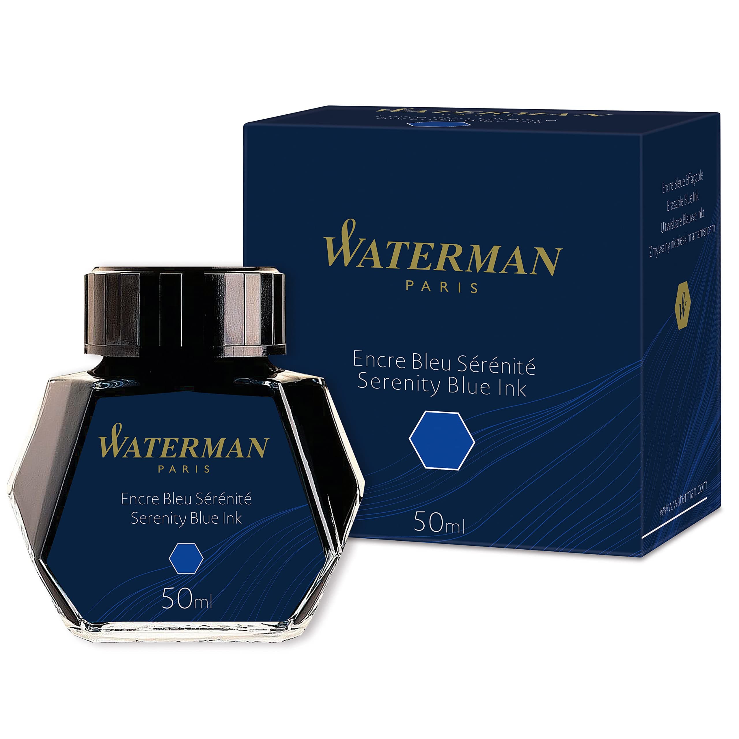 Waterman Fountain Pen Ink, Serenity Blue Ink, 50ml Bottle, For Refillable Fountain Pens