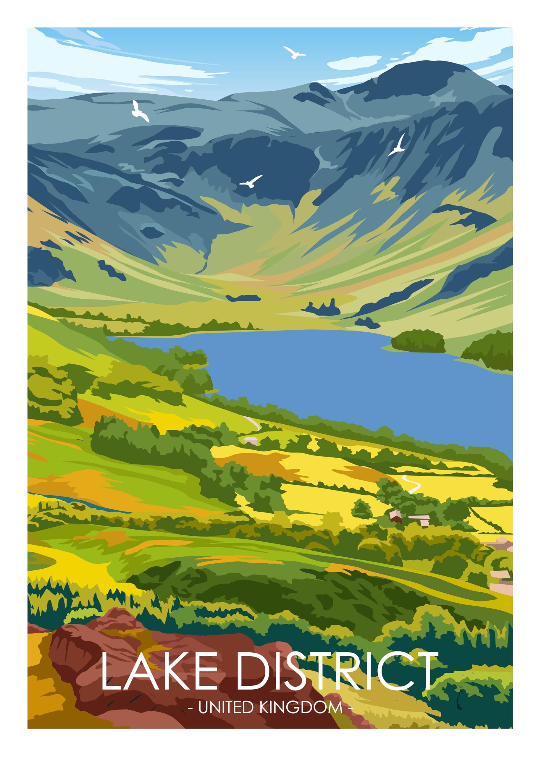 Hewson's Gifts UK Travel Print UK Cities and Shires, Handmade Print Of The Beautiful Places of United Kingdom, UK Artwork Wall Art Poster For New Home Kitchen Print (Lake District, A4 Unframed Print)