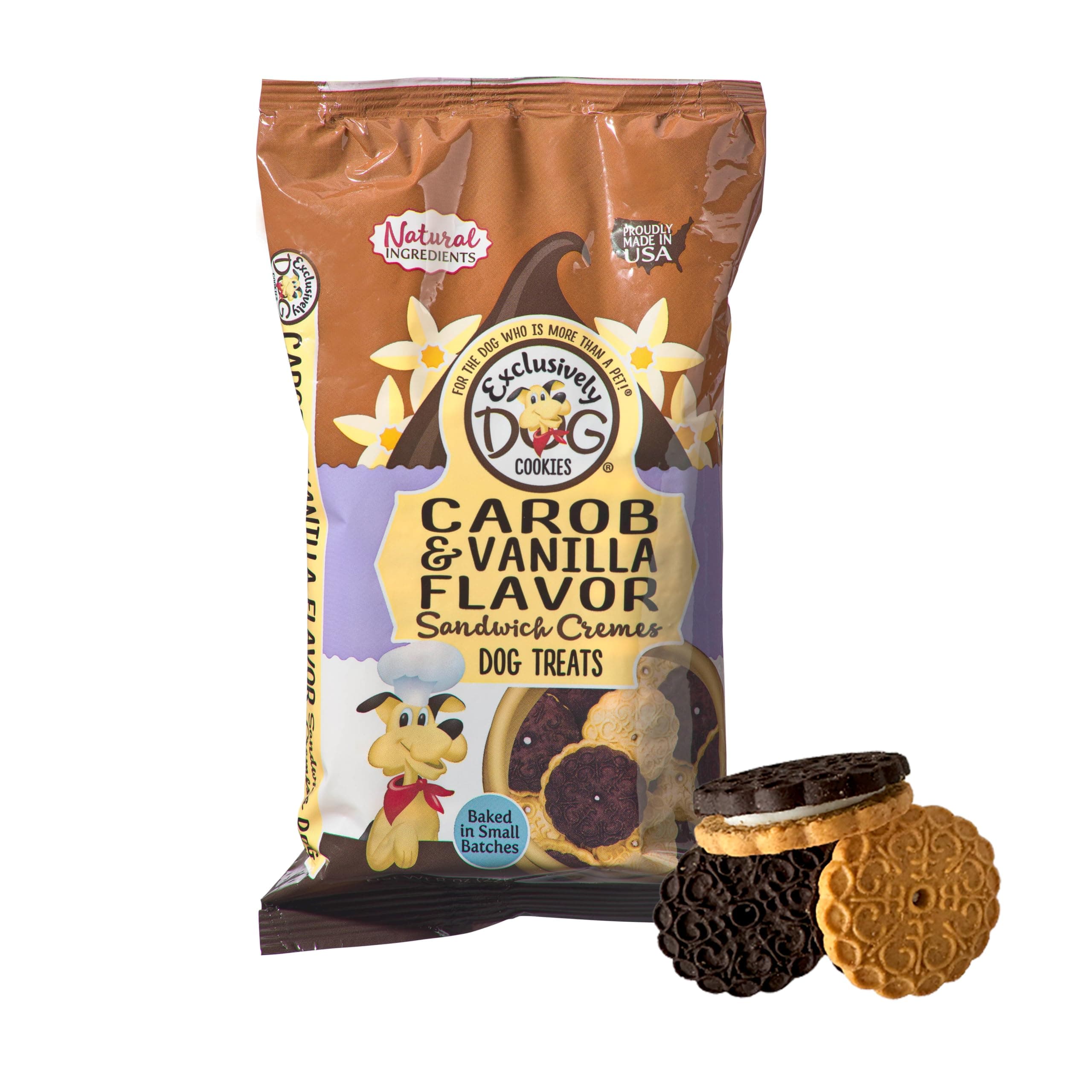 Exclusively Dog Carob & Vanilla Sandwich Cremes Cookies - All Natural Dog Treats, No Animal Byproducts, Baked in The USA, Ideal for Medium to Large Dogs - Vanilla and Carob Flavor, 8oz Bag