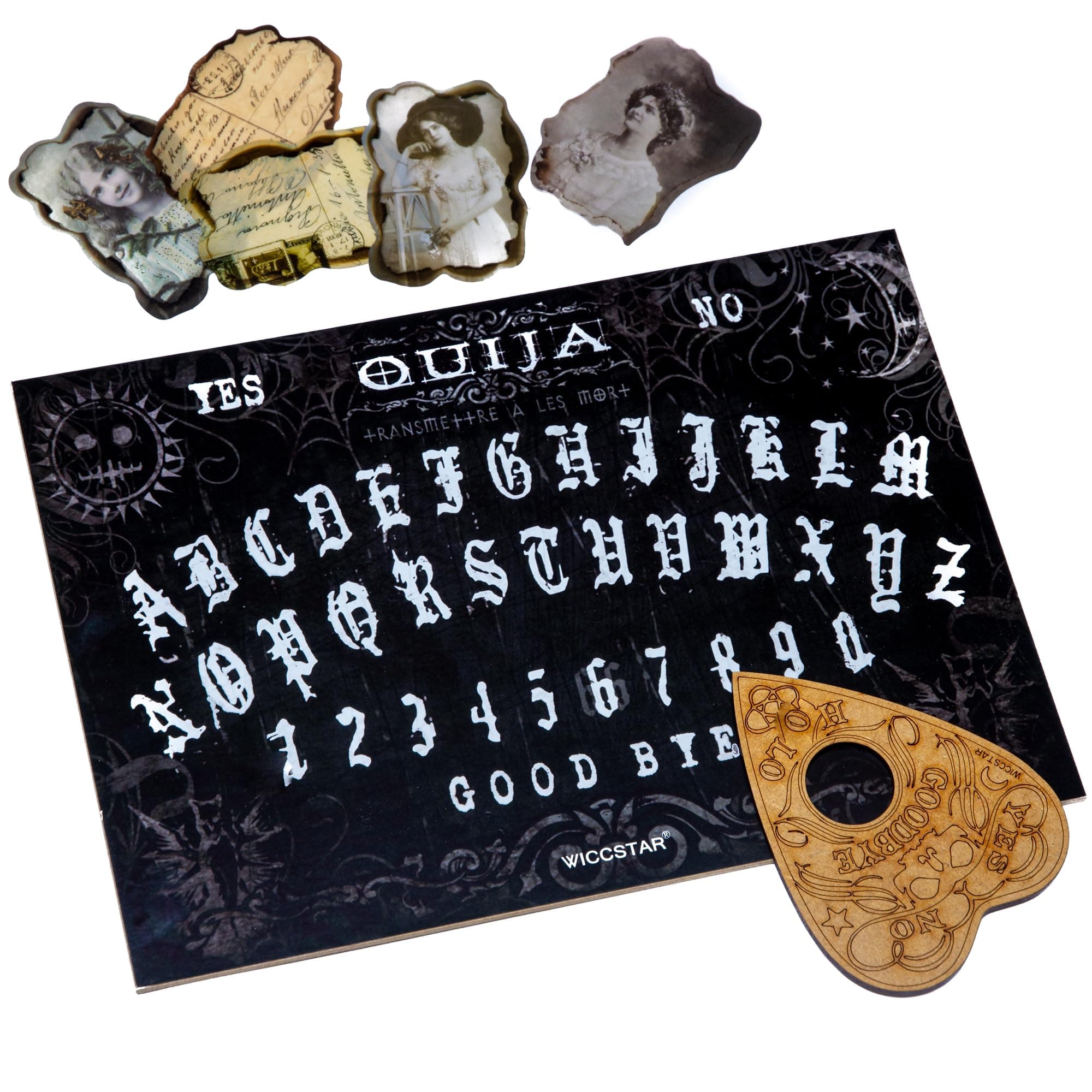 Wooden black Ouija board game with planchette and detailed instruction