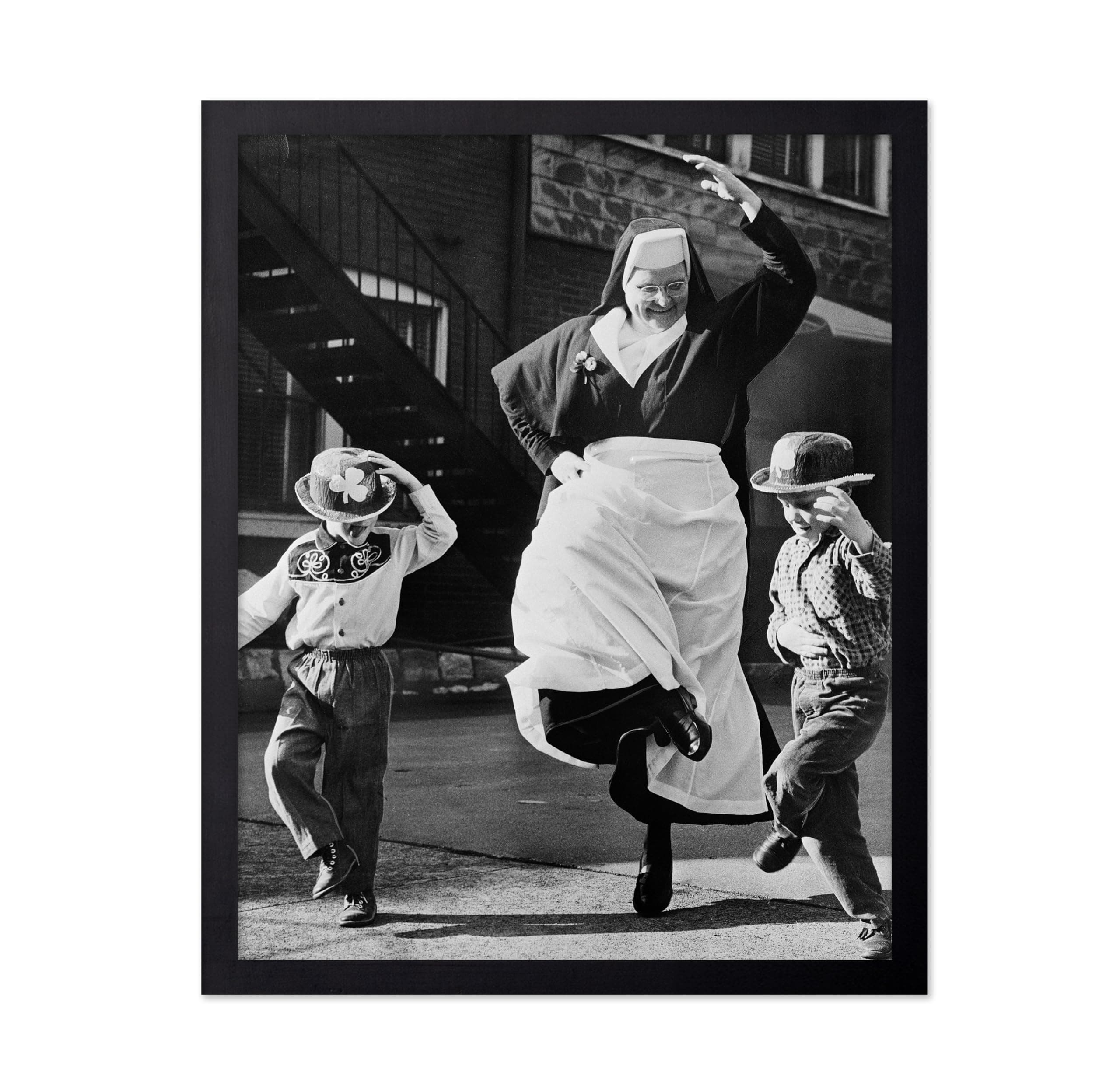 Poster Master Vintage Dancing Nun Poster - Retro Fun Nun Print - Photography Art - Gift for Her, Woman, Churchwomen - Wall Decor for Home, Office, Living Room, Chapel, 11x14 Black Framed