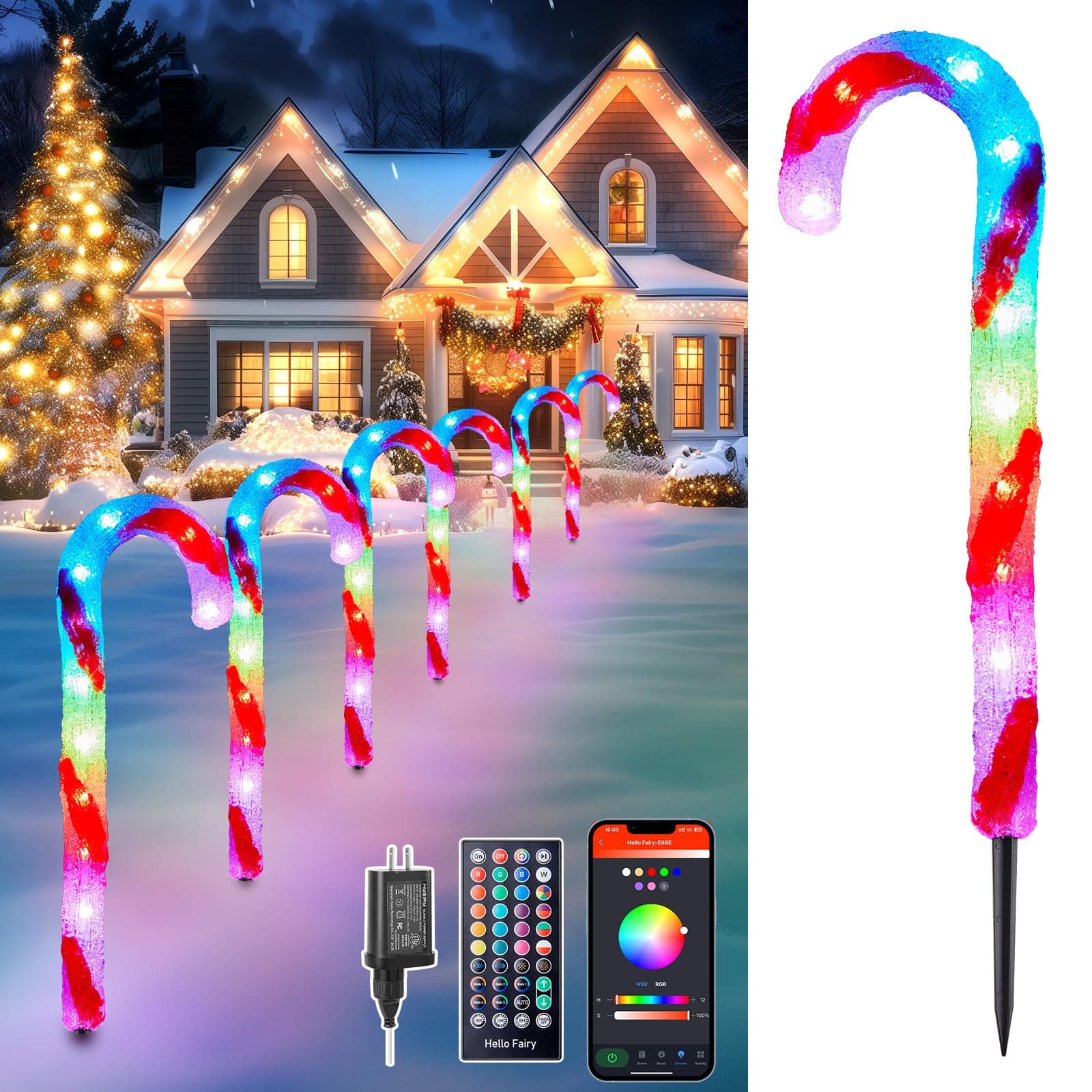Brightown Smart Candy Cane Lights Outdoor Pathway, 6 Packs RGB LED Outdoor Candy Cane Decorations with 55 Preset Modes, App or Remote Control, Music Sync, Memory and Timer Function