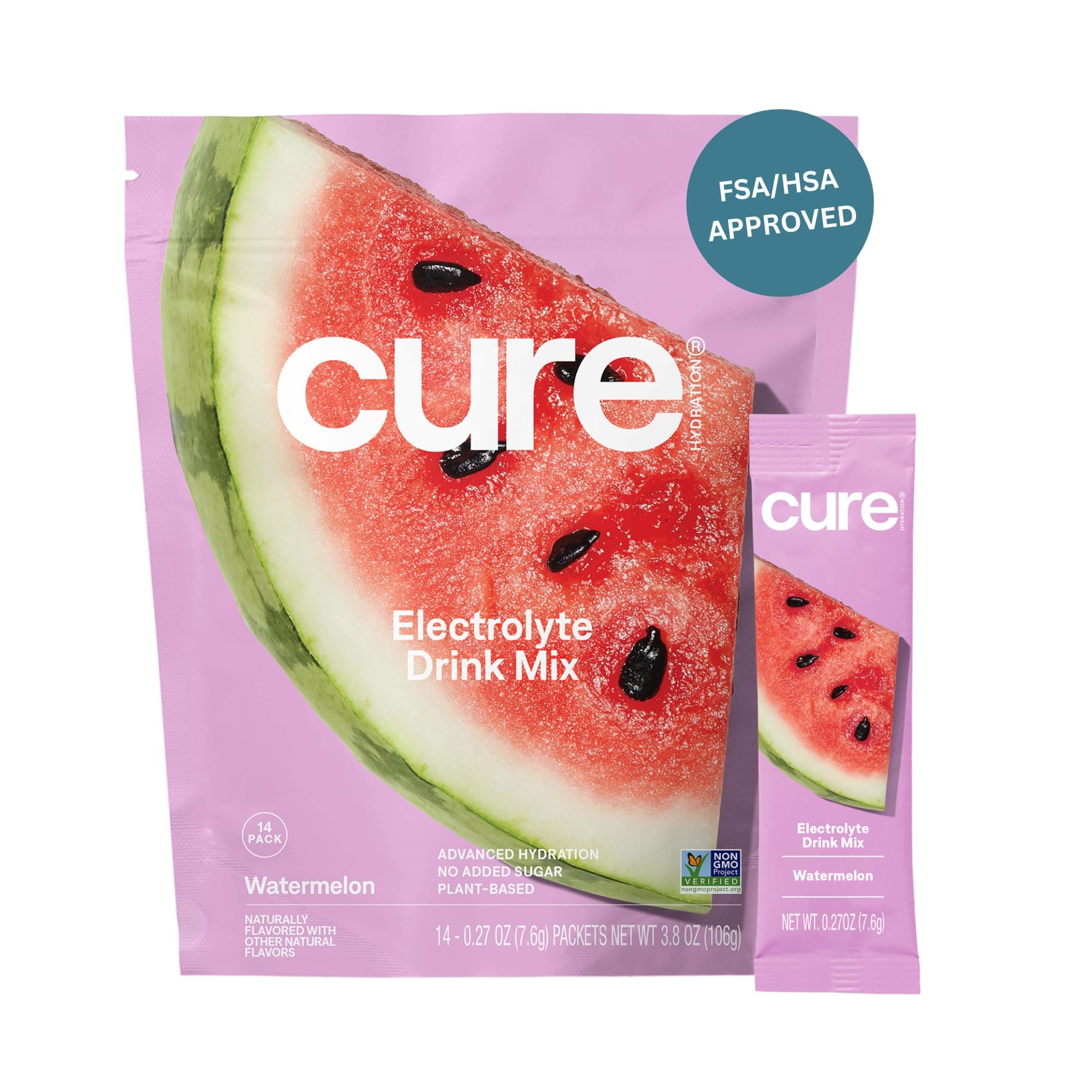 CURE HYDRATION MIX Electrolyte | Powder for Relief | FSA & HSA Eligible | Made with Coconut Water | No Added Sugar | Vegan | Paleo Friendly | Pouch of 14 Packets - Watermelon Flavor