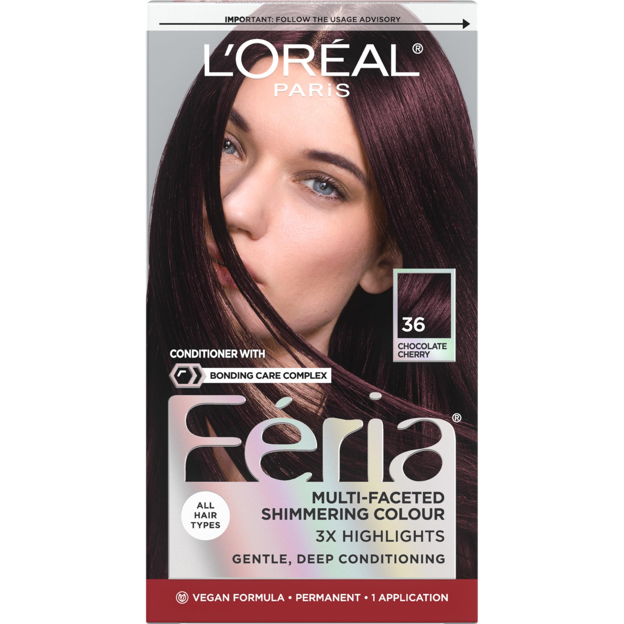 Feria Multi-Faceted Shimmering Permanent Hair Color, 36 (Chocolate Cherry) Deep Burgundy Brown, Pack of 1 Hair Dye Kit