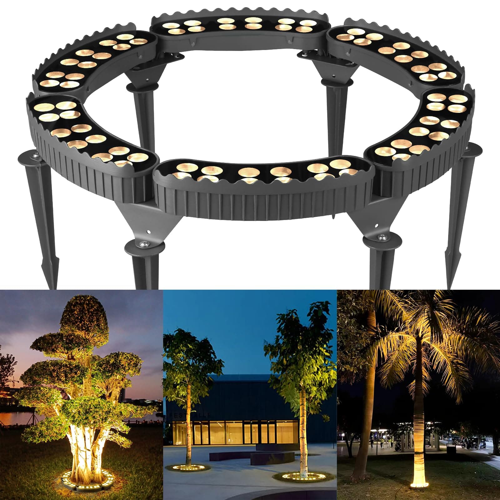 Gardencoin Outdoor Ring Tree Lights, 72W LED Landscape Uplighting for Trees, 3000K Warm White, Low Voltage IP65 Waterproof, 15.35" Inner Diameter, DC24V Driver Included, 10080 Lumens, Set of 6
