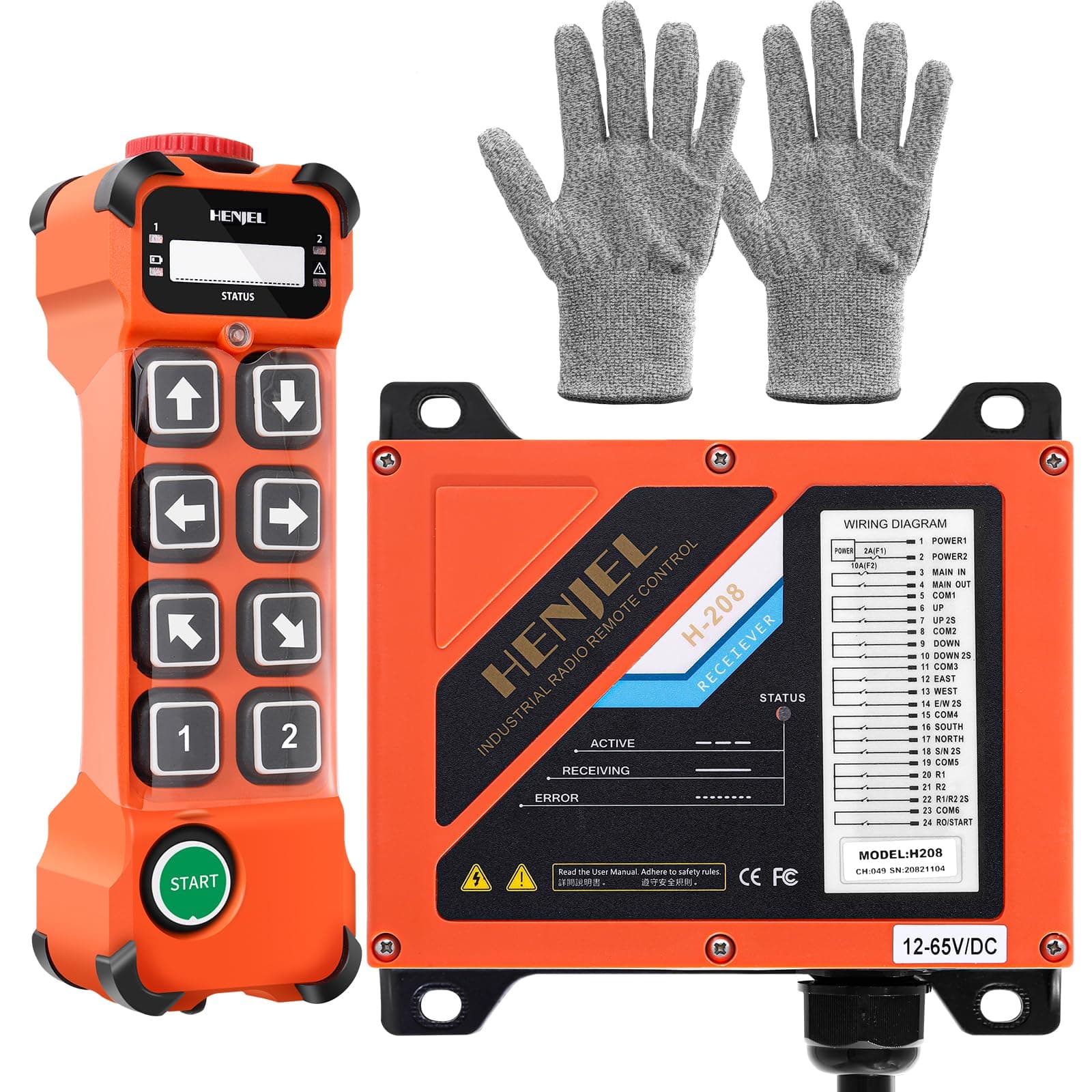 Dual 2 Speed 8 Channel Button Industrial Wireless Crane Radio Remote Control for Overhead Bridge Travelling Gantry Jib Crane with Electric Chain Hoist Transmitter and 24V 110V 220V AC/DC Receiver