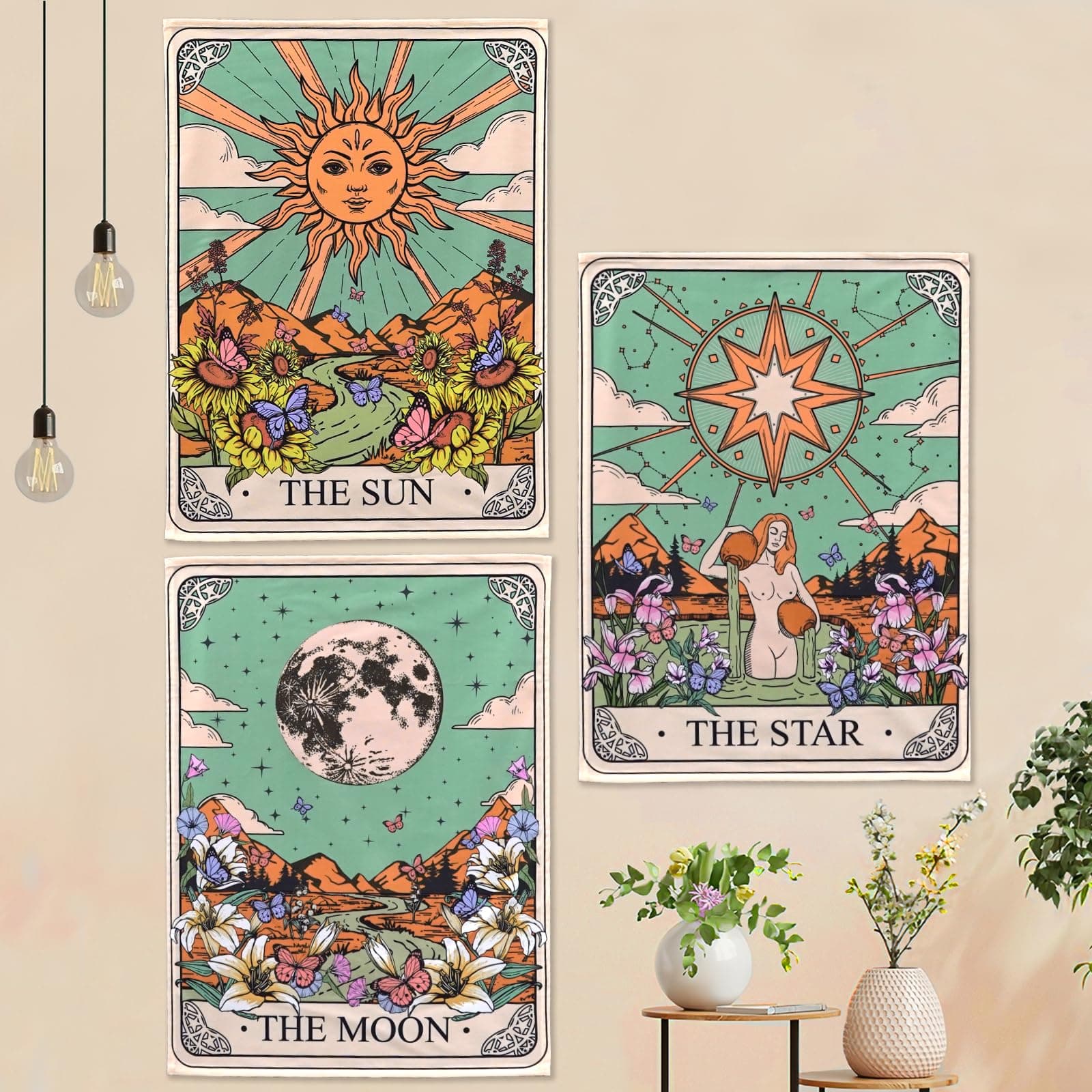 Aipon Tarot Tapestry Cute Tarot Card Tapestries 3 Pack Sun Moon Star Green Floral Flower Small Aesthetic Tapestry Wall Hanging for Bedroom Living Room Dorm (15'' × 20'')