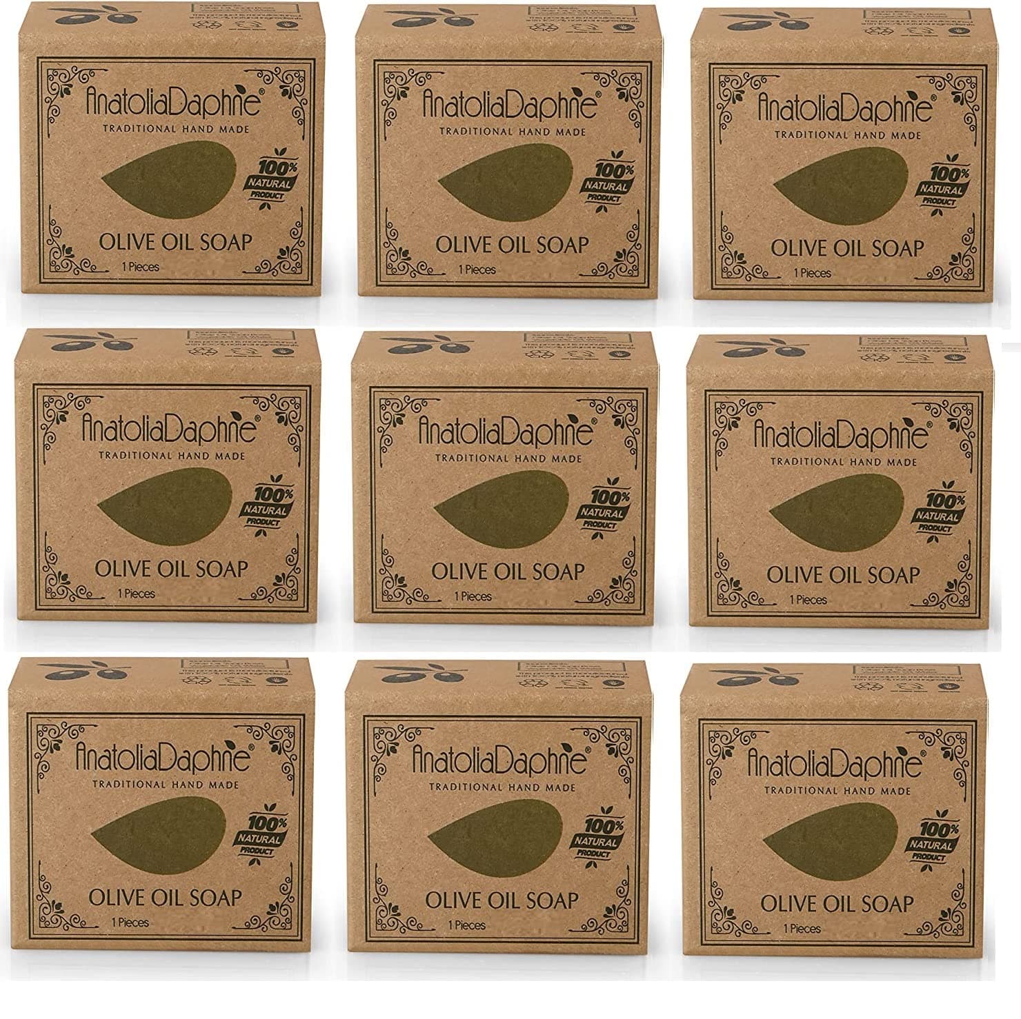 AnatoliaDaphne Olive Oil Soap Bar - Handmade 100% Pure Natural & Vegan - 5.7 oz Each Bar (9 Bars)