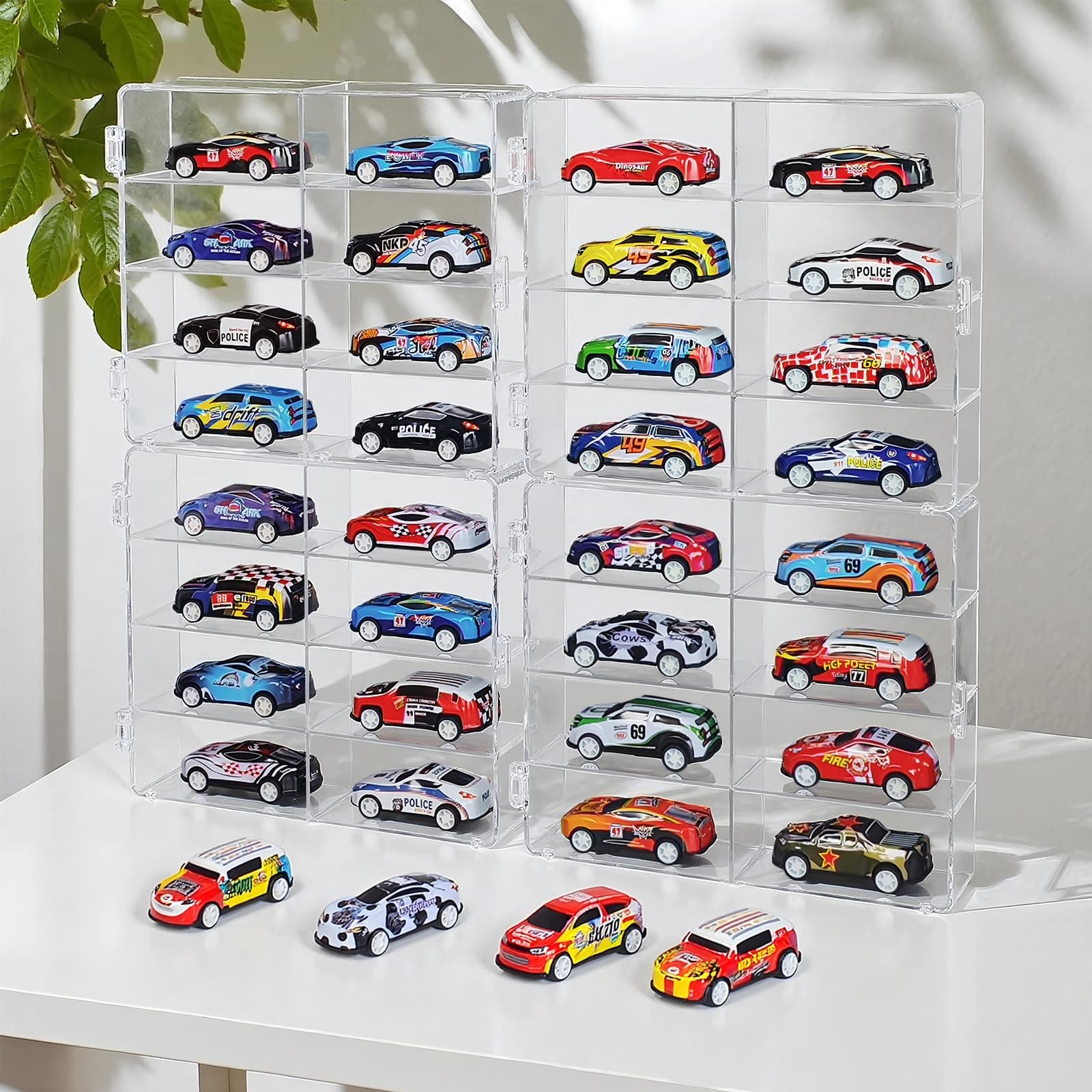 1/64 Scale Matchbox Wheels Toy Car Display Case Holds 32 Toy Cars Storage Organizer, Clear Display Box with Clear Snap-On Dust Cover 6.5 X 7.5 X 1.6 Inches 4 Pack