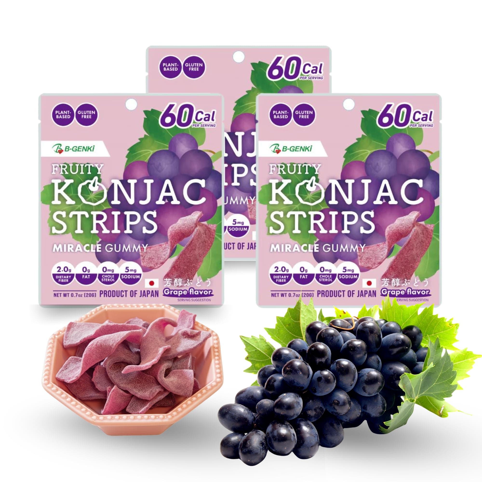Fruity Konjac Strips Grape Flavor, Miracle Gummy, Plant-Based Healthy Snack, Gluten-Free, Made in Japan 0.7oz (20g) by B-GENKi (Pack of 3)