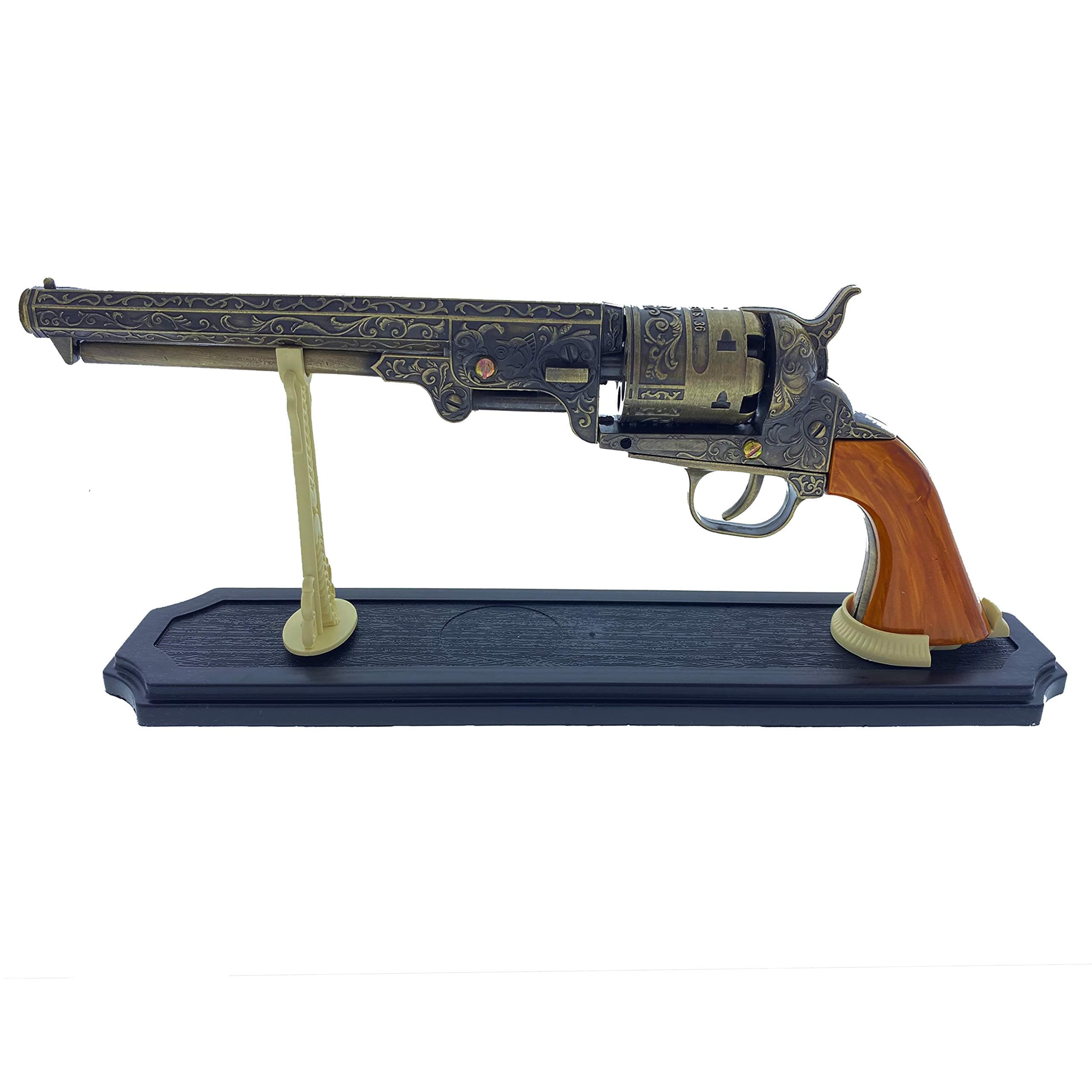 US 13" Decorative Antique Wood Western Style Navy Revolver with Display Stand Included for Collectors