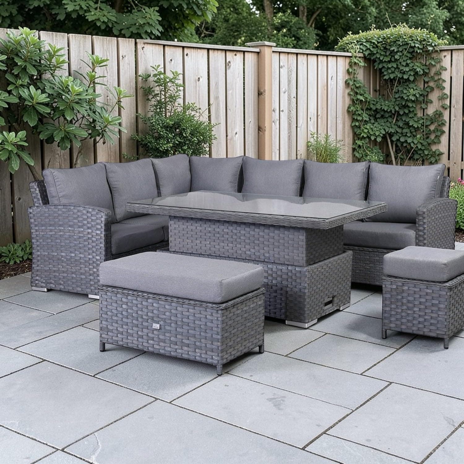 Rattan park Victoria Range High Back Modular 9 Seater Corner Safa with Rising Dining Table and 2 stools in Large Grey Weave