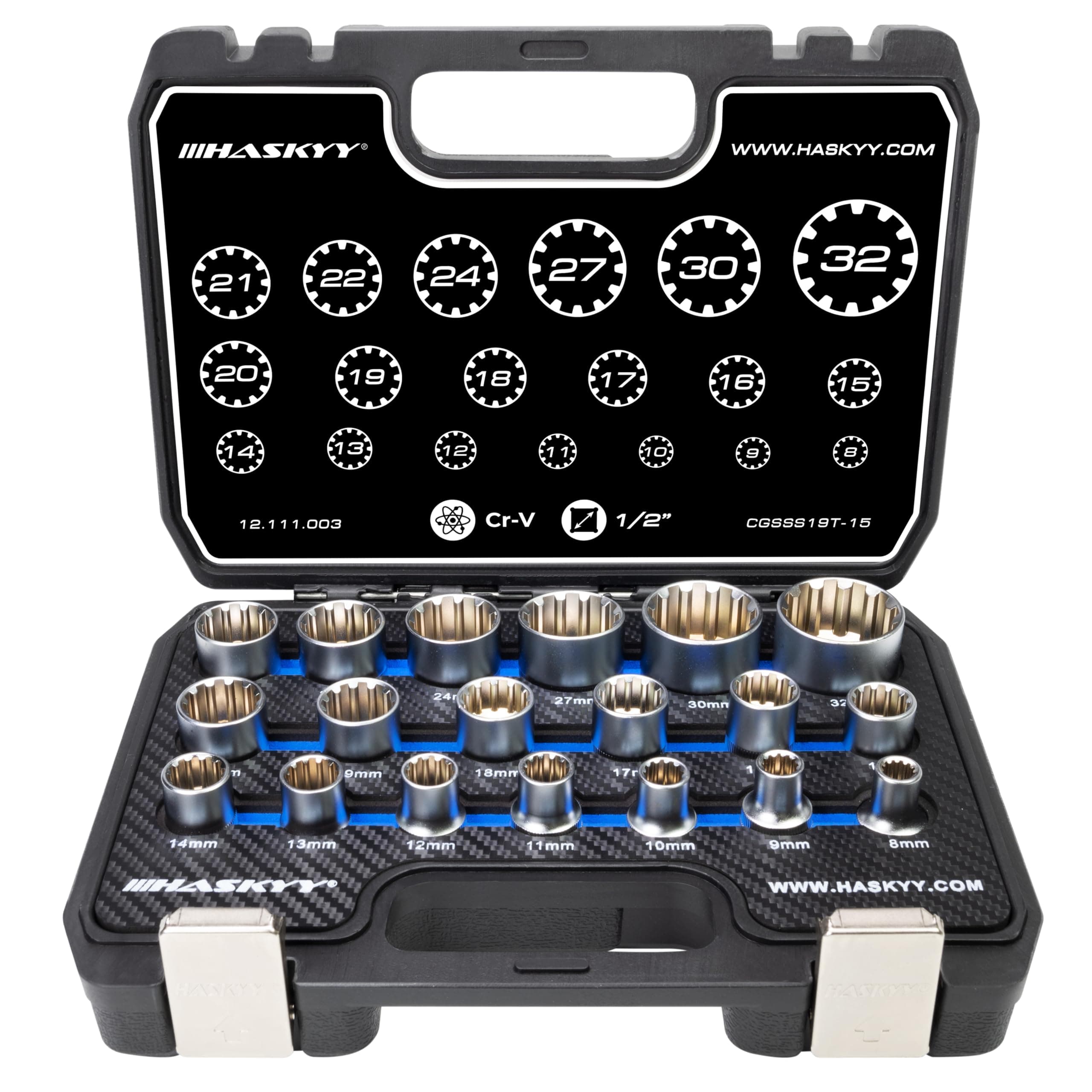 Haskyy Universal Gear Lock Socket Wrench Sockets 1/2'' 8-32 Multi-tooth Torx Inch Imperial Tool Set 19 Pieces