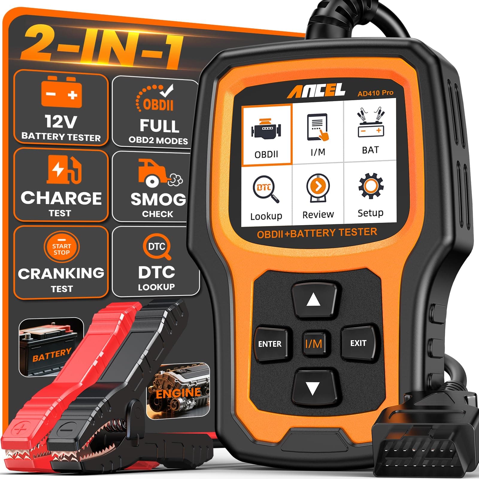 ANCEL AD410PLUS OBD2 Code Reader & Car Battery Tester 2-in-1, Car Diagnostic Tool with Full OBD2 Function, 12V 100-2000CCA Battery Tests with Cranking & Charging Tests, Check Engine Light, EVAP Test