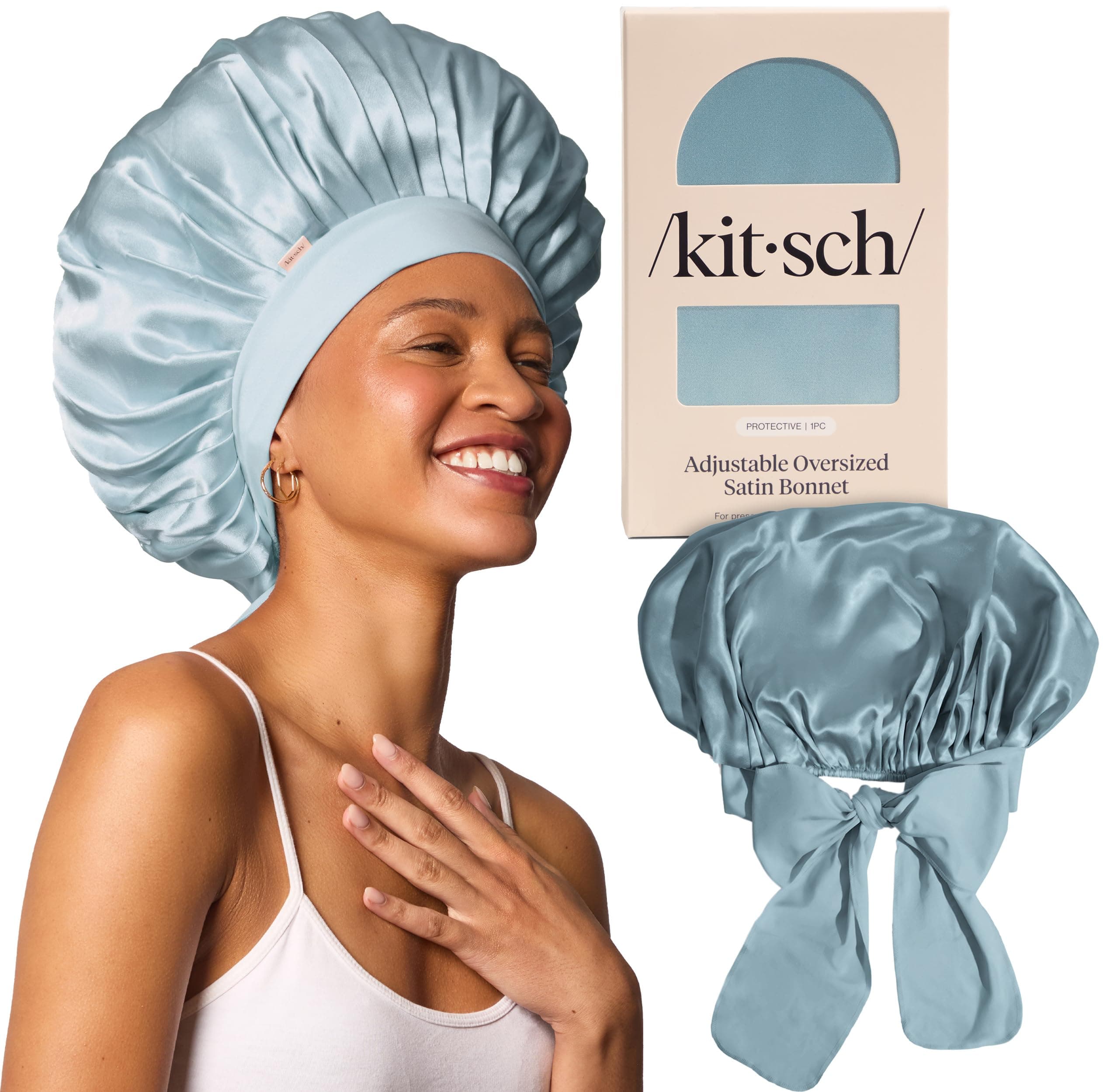 Kitsch XL Satin Bonnet for Sleeping - Softer Than Silk Bonnet For Sleeping Women - Secure Fit, Adjustable, Night Cap For Curly & Textured Hair - Prevents Breakage, Tangles & Thinning - Haze Blue