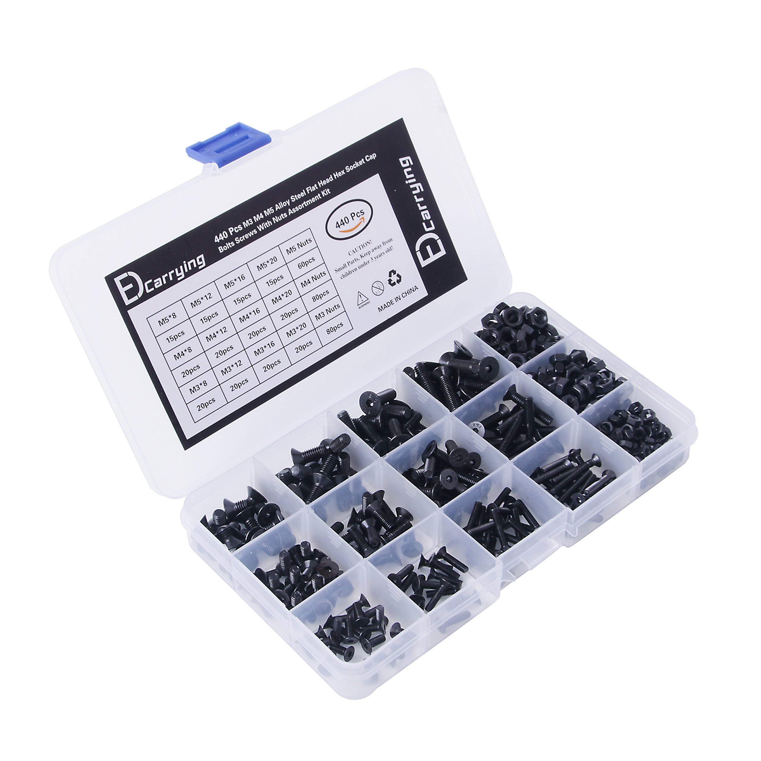 EDCarrying 440 Pcs M3 M4 M5 Alloy Steel Flat Head Hex Socket Cap Bolts Screws with Nuts Assortment Kit Black Oxide Finish 10.9 Grade FSN-440B