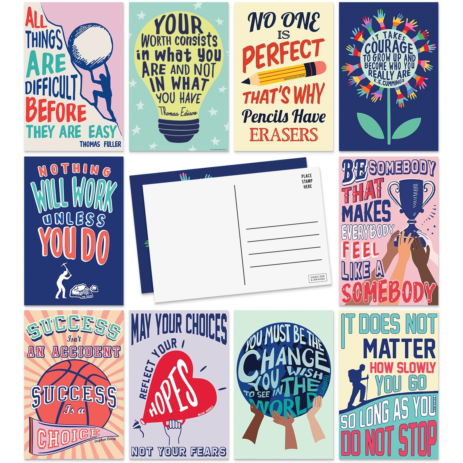 SWEETZER & ORANGE Motivational Postcards Pack (60 Cards) 4x6 decor flyers for Kids and Adults. Growth Mindset Affirmation memos, Mindfulness paper slips, Inspiration decor Blank Encouragement flyers
