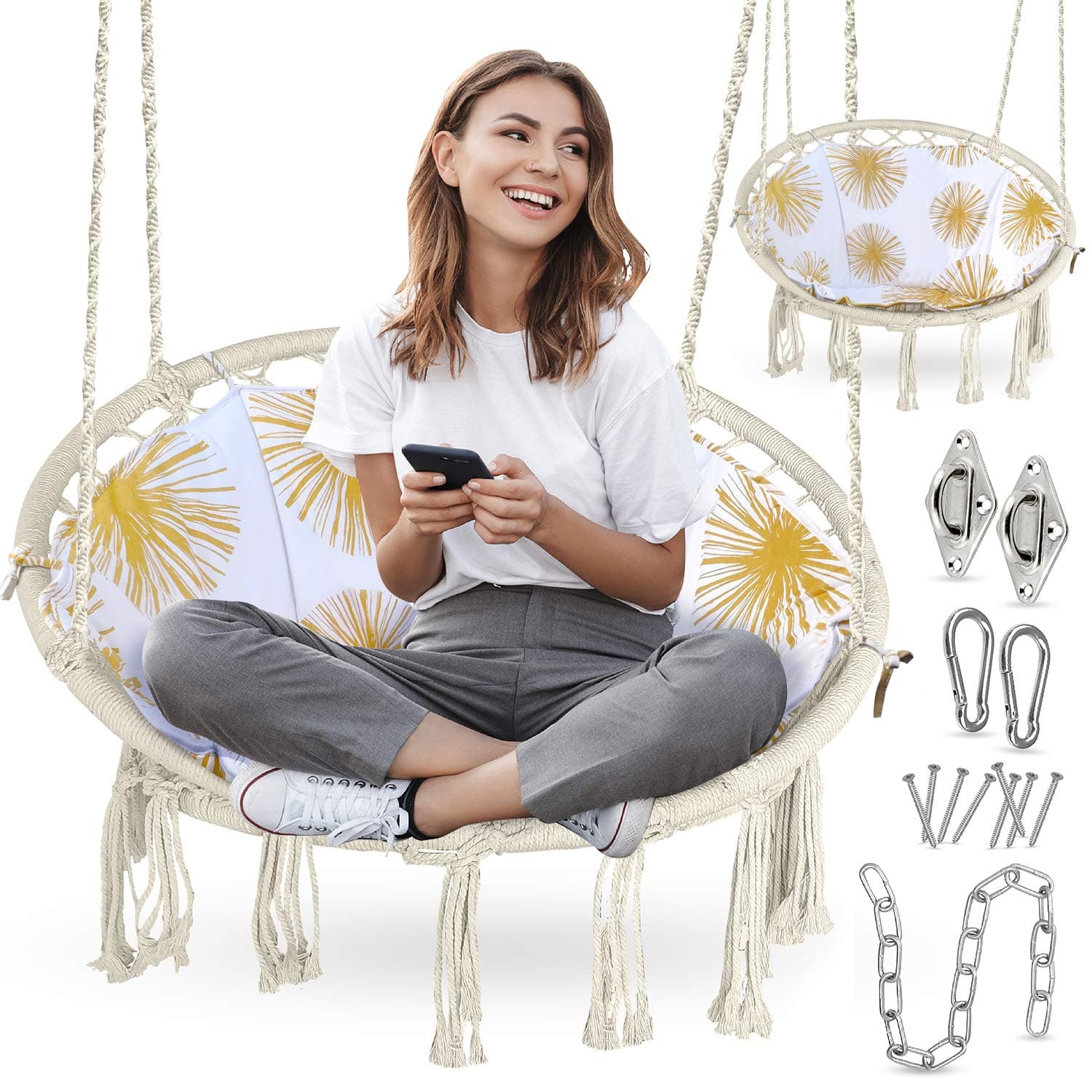 Hammock Swing Chair, Cushion Cover and Hardware Kit Included, 265 pounds, Pure Cotton Swing Chair, Outdoor Hanging Chair, Indoor Swing Chair, Beige