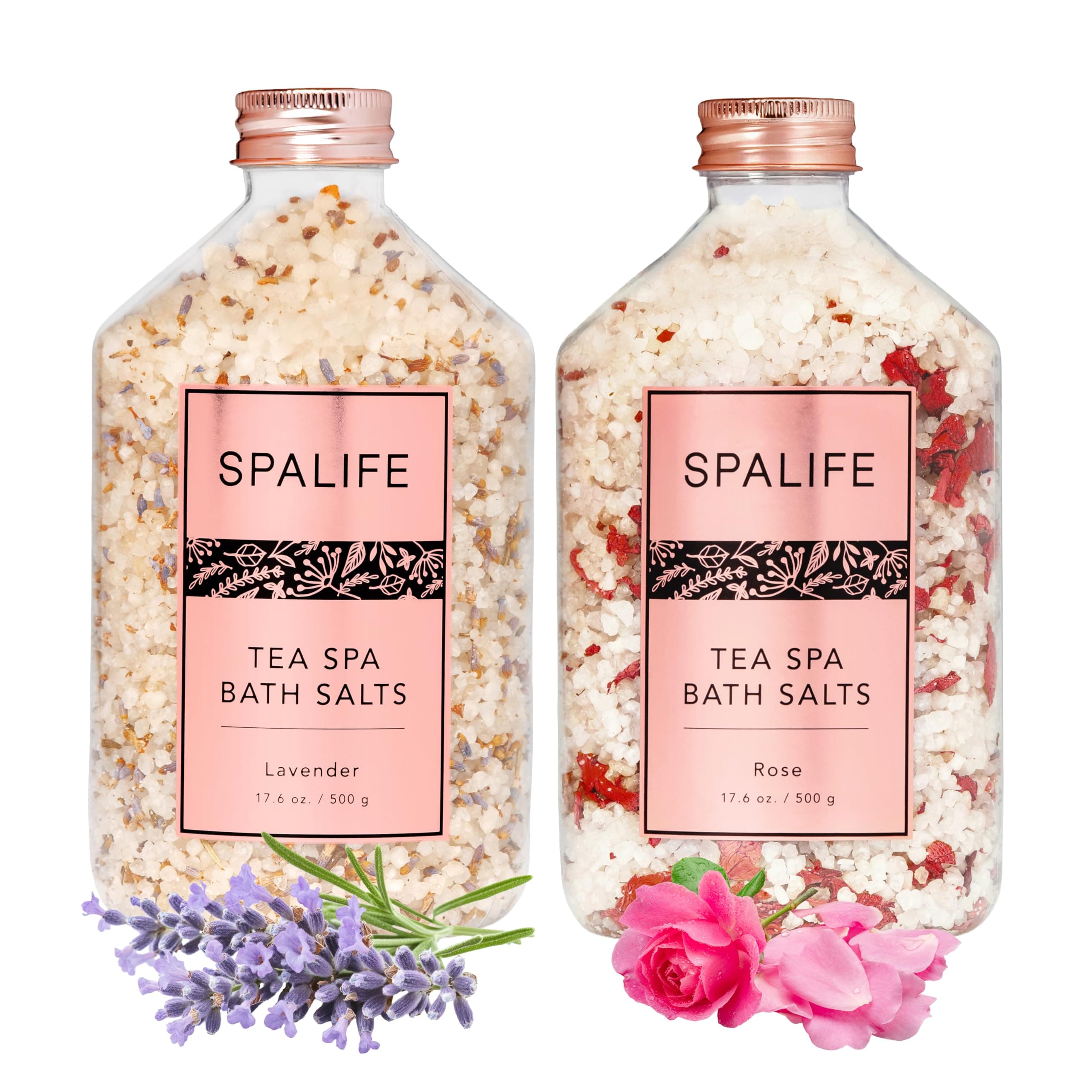 SpaLife Effervescent Rose & Lavender Bath Salts for Women Relaxing | All Natural Aromatherapy Dead Sea Salt Bath Soak Duo | Real Flower Petals for Relaxing Mineral Baths | 2-Pack (35.2 oz)