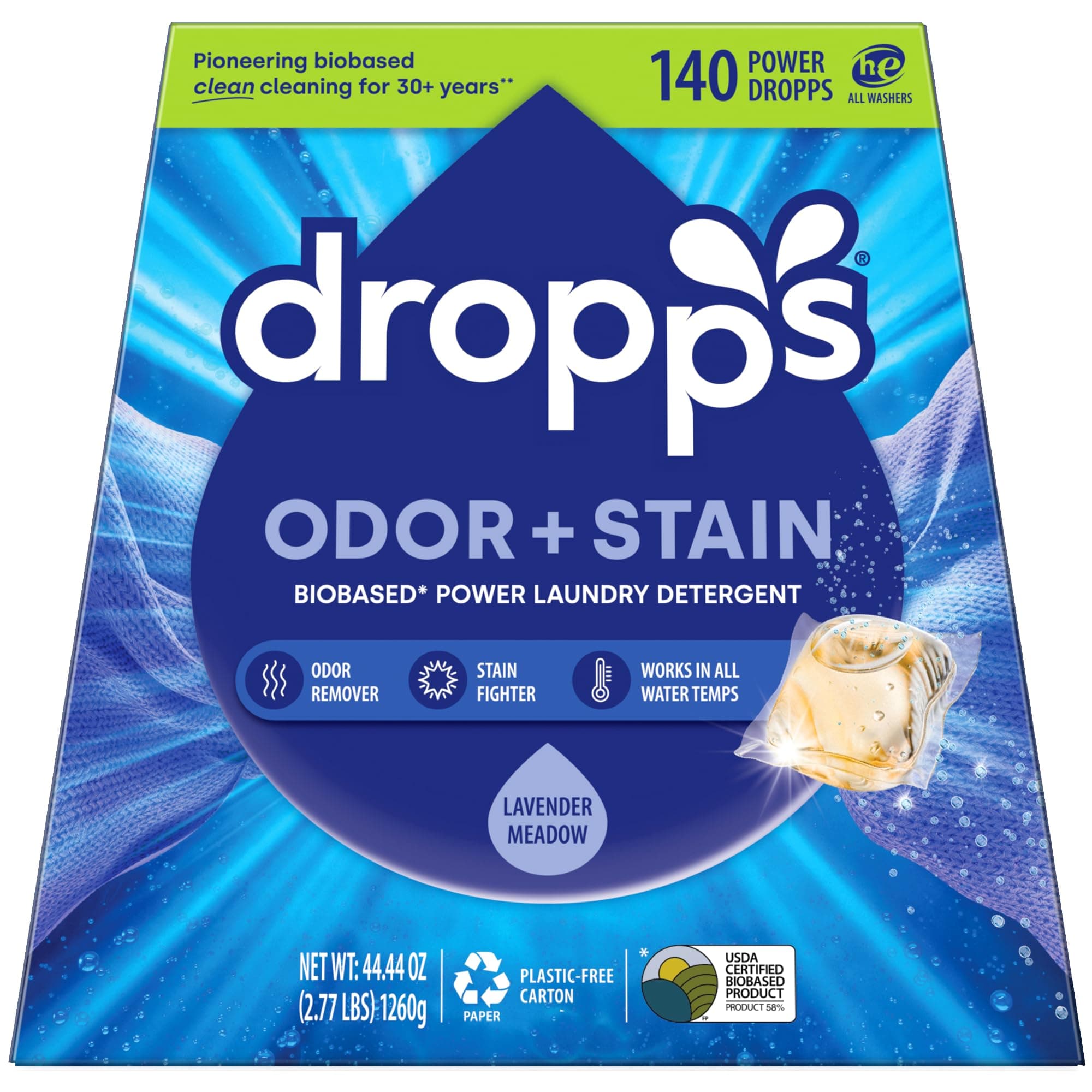 - Dropps Odor & Stain Laundry Detergent Pods, Lavender Meadow (140 Count) - Powerful Laundry Pods | Complete Clean Laundry Soap | Fights Odors & Stains | Clean Ingredients | Plastic Free Packaging