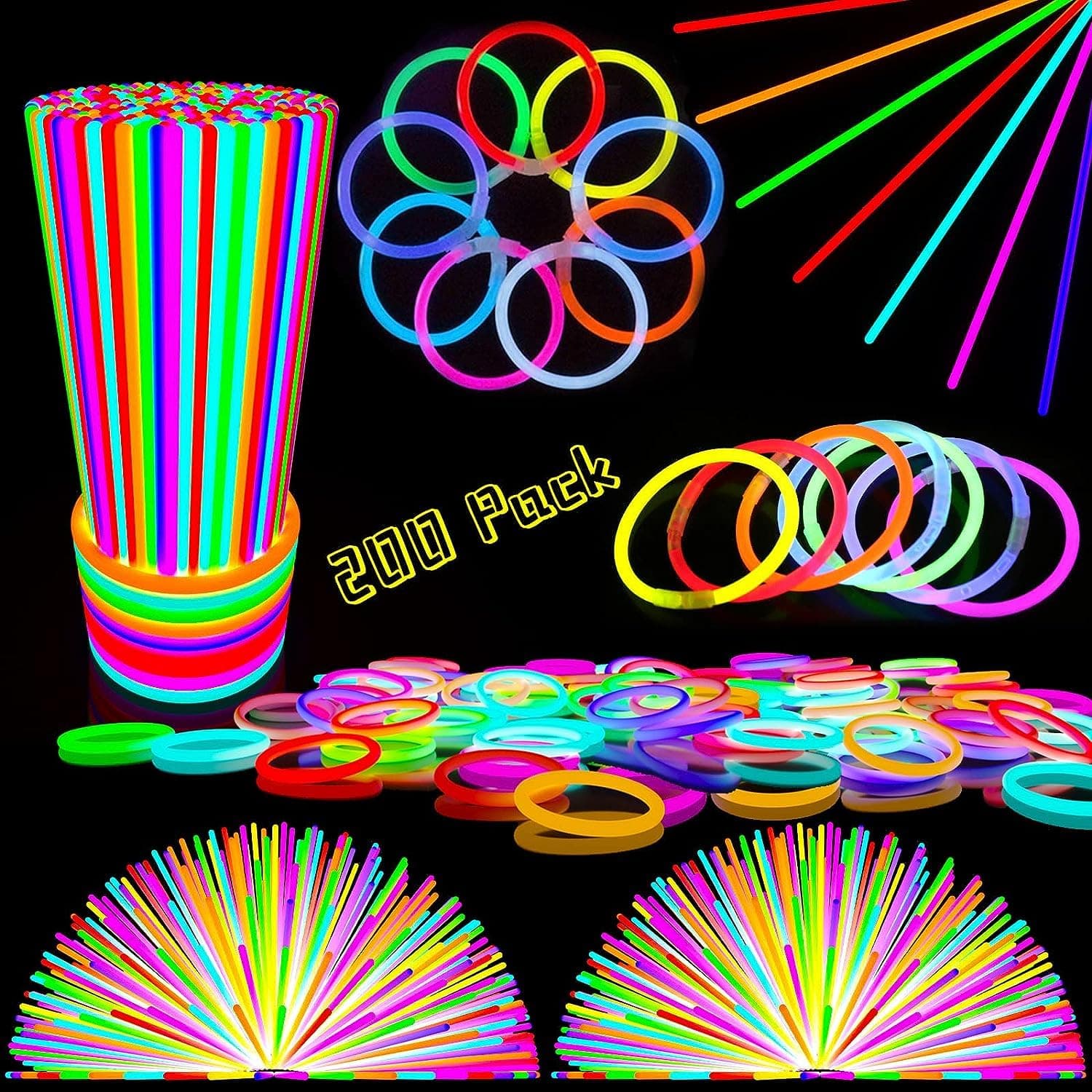 Mumoo Bear 200PCS Glow Sticks, Party Bag Fillers with Bracelet Connectors, Premium Glow Neon Necklaces for Kids Dark Party Supplies,Wedding,Festival,Halloween Decoration
