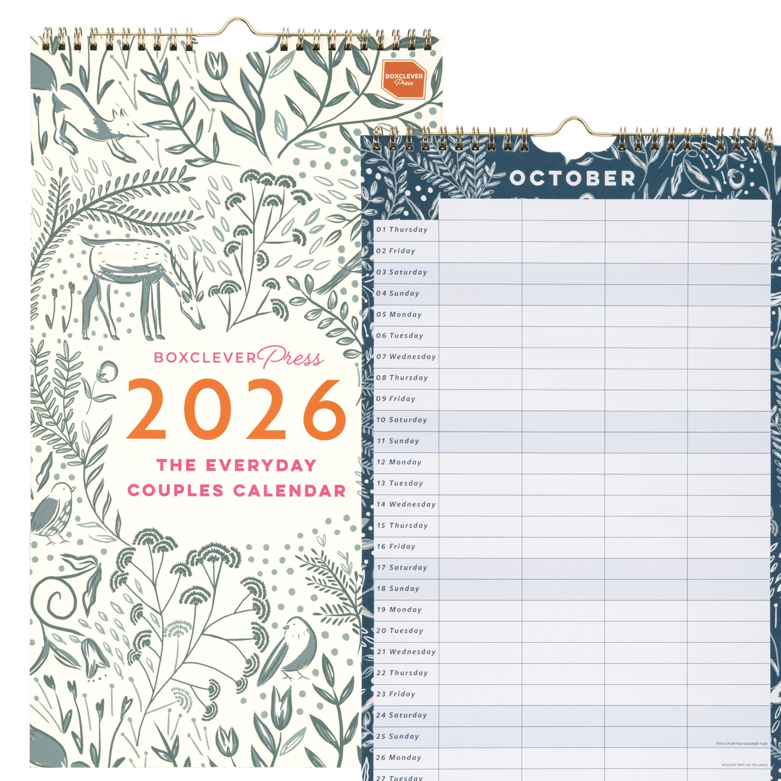 Boxclever Press Everyday Couples Wall Calendar 2026. Slimline 2026 Calendar runs Jan - Dec'26. Stunning 2026 Wall Calendar with 4 Column Layout. Family Calendar 2026 measures: 22 x 39 cm