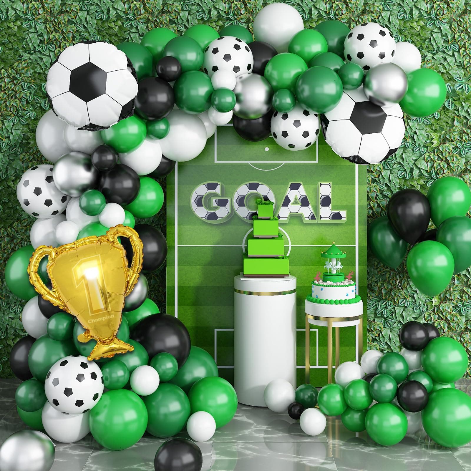 Biapian Football Balloon Arch Kit Boys, Green with Football Trophy Balloons Dark Green Black White Latex Metallic Silver for Baby Shower Birthday Soccer Party Decorations