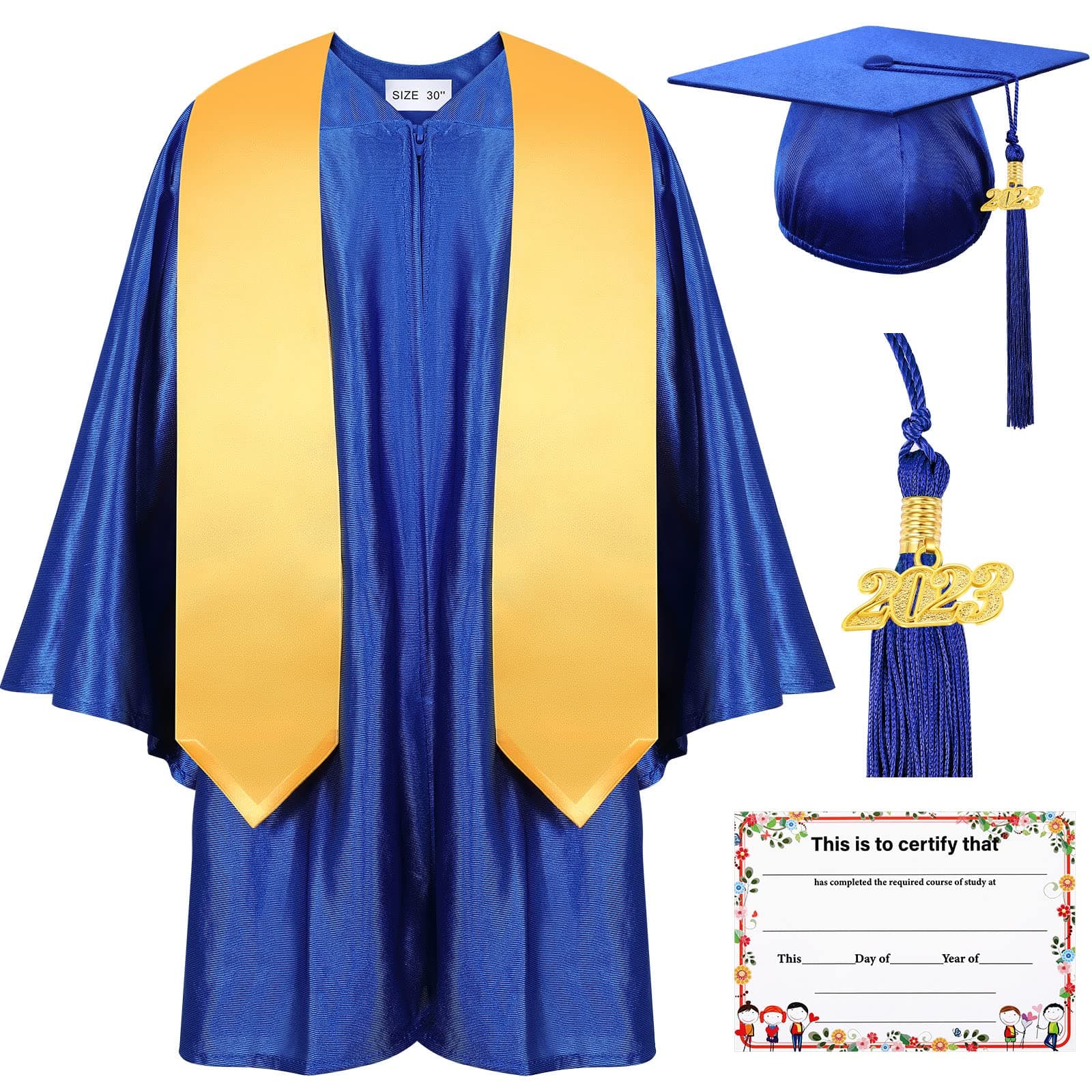 PreschoCoumPreschool Kindergarten Graduation Gown Cap Set with 2023 Tassel and Graduation Sash Certificate for Child Size, Blue