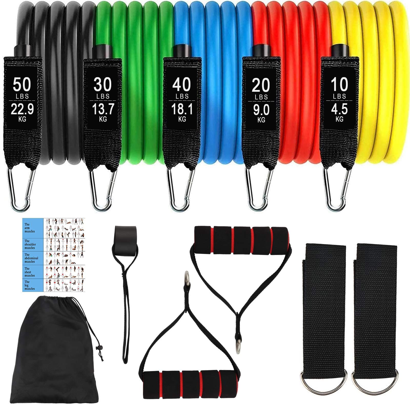 Resistance Bands Set 12 pcs, Exercise Bands Men Women Home Workouts With 5 Resistance Tubes, 2 Handles, 2 Ankle Straps, 1 Door Anchor, Carrying Pouch, Workout Guides for Fitness, Strength, Yoga, Home Gym Equipment