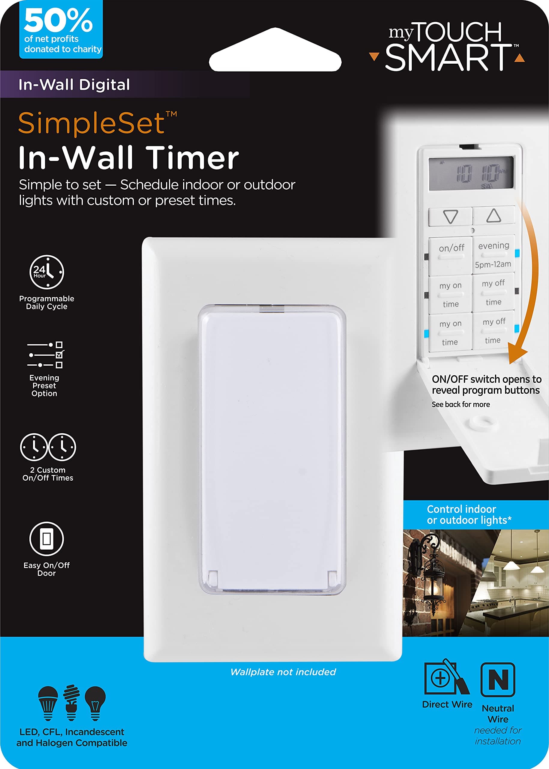 myTouchSmart In-Wall Digital Timer, On/Off Push Door Switch, 4 Programmable On/Off Buttons, Easy On/Off, 24 Hour Daily Cycles, Blue LED Indicators, for Indoor and Outdoor Lights, Fans, more, 41431