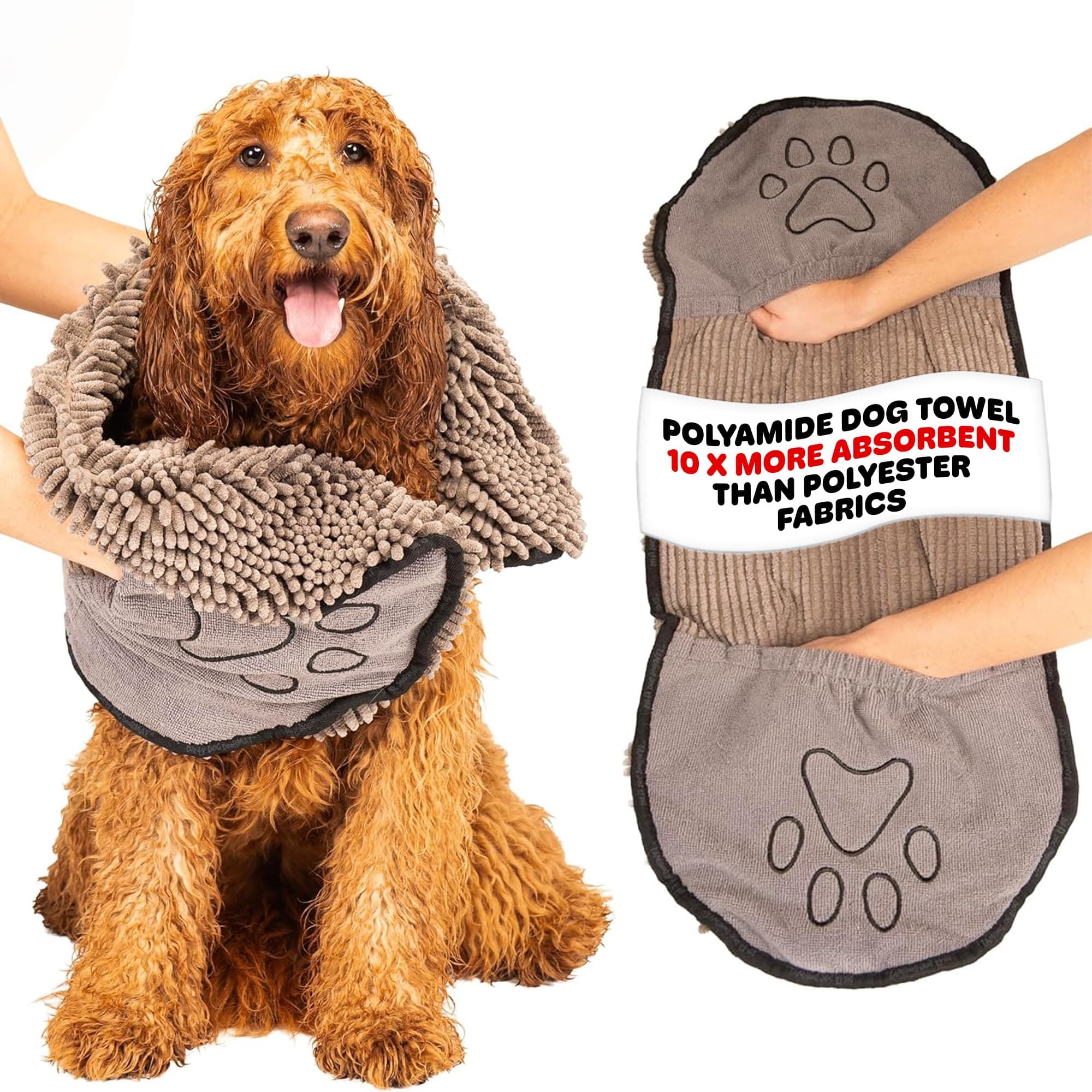 Dog Gone Smart The Dirty Dog Shammy - Fast Drying Plush Shammy Towel with Dual Hand Pockets and Elastic - Super Absorbent Microfiber and Machine Washable - 31×13 in, Grey