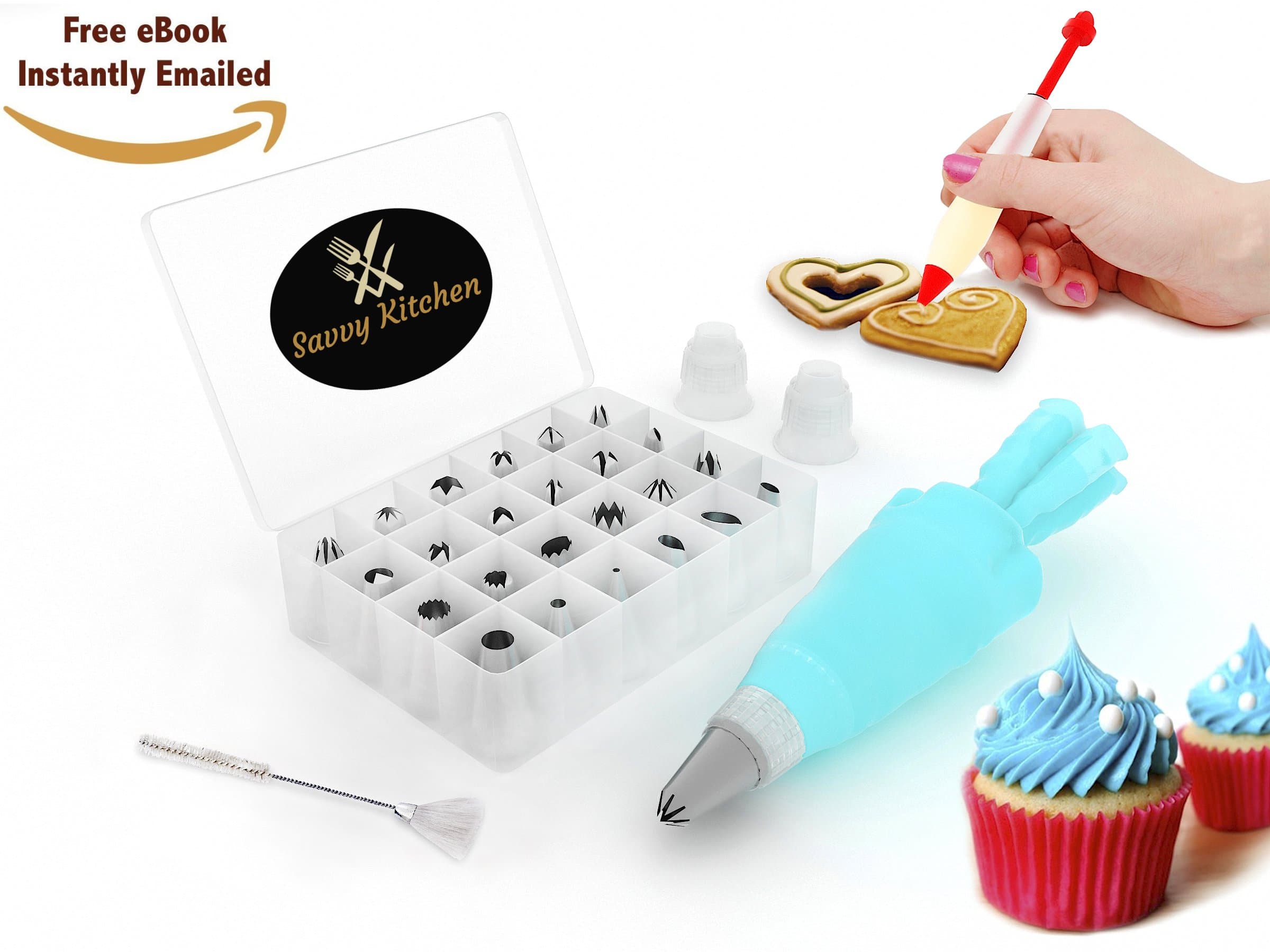 BEST DEAL - 24 in 1 Cake Decorating Kit - Icing Tip Set Tools with FREE DECORATING PEN & eBOOK - Includes Storage Case + BONUS Cleaning Brush & Reusable Silicone Icing Bag - With 2 Couplers