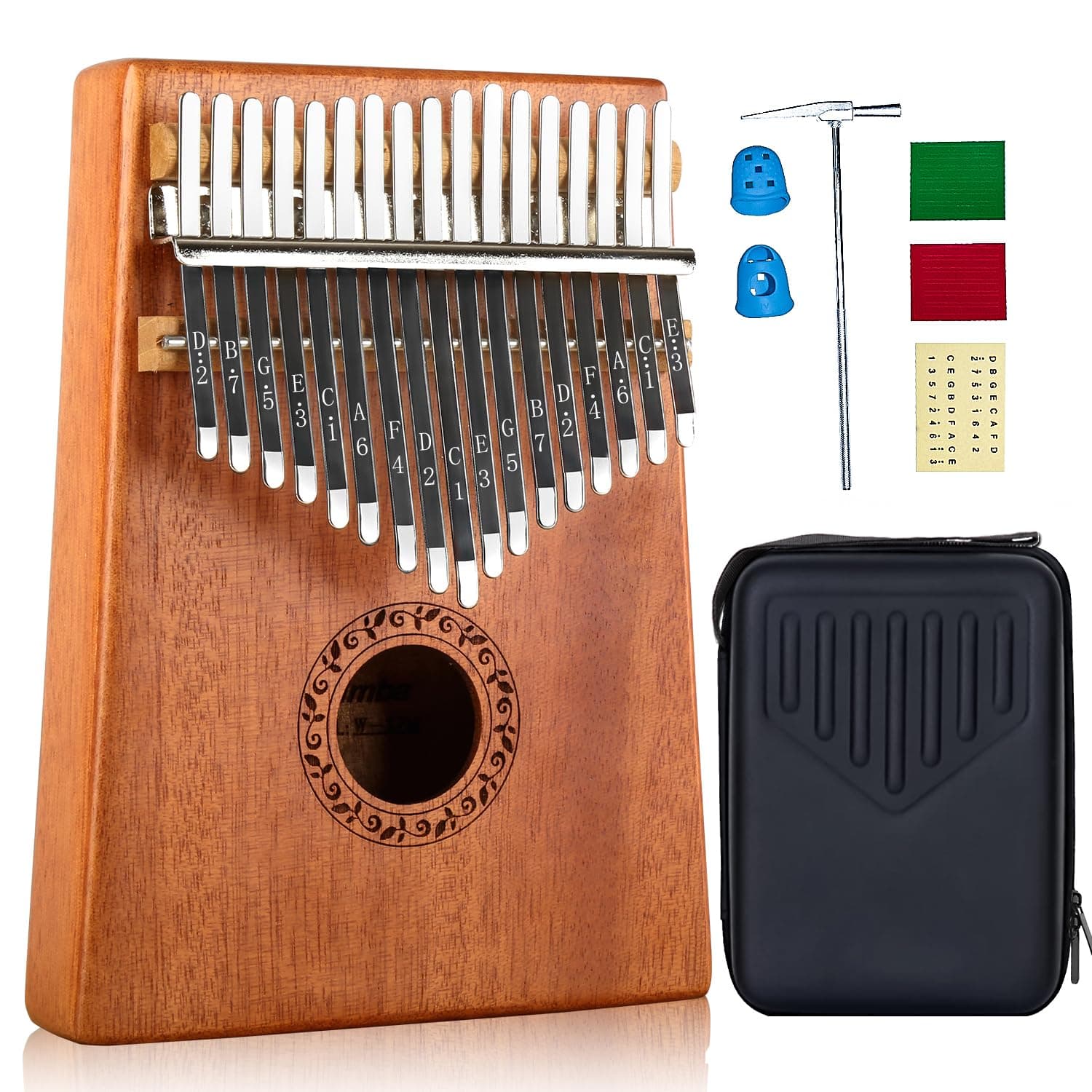 Kalimba 17 Keys Thumb Piano with Hard Case Study Instruction and Tune Hammer, Portable Mbira Sanza African Wood Finger Piano, Gift for Adult Beginners Professional (Brown with Hard Case)