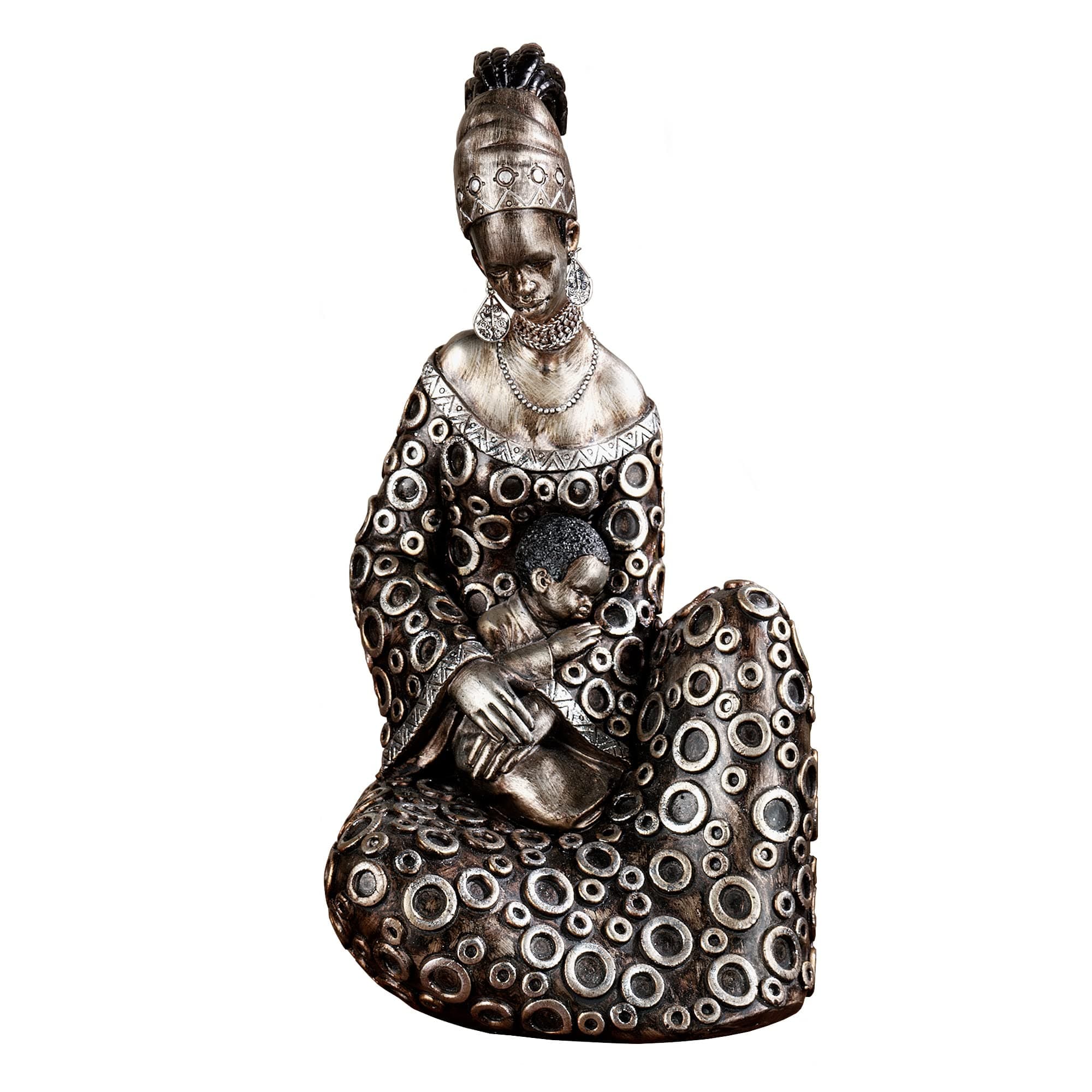 Touch of Class Blessings Masai Figurine Brushed Bronze Dress - Accented Silver Circles - African Style Theme - Woman with Child - Table Sculptures for Office Desk, Living Room, Collectibles