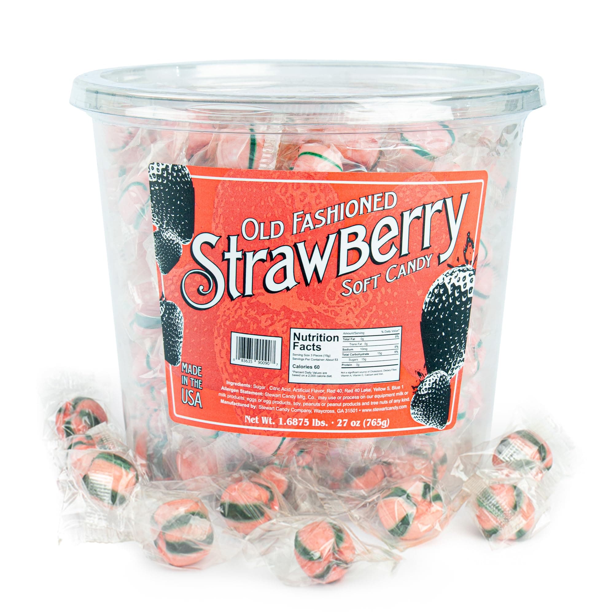 Stewart Old Fashioned Strawberry Candy Puffs | Individually Wrapped Candy | Pure Cane Sugar Candy | Fat-Free, Cholesterol-Free, Gluten-Free | Classic Soft/Hard Texture, Made in USA - 27 oz Tub