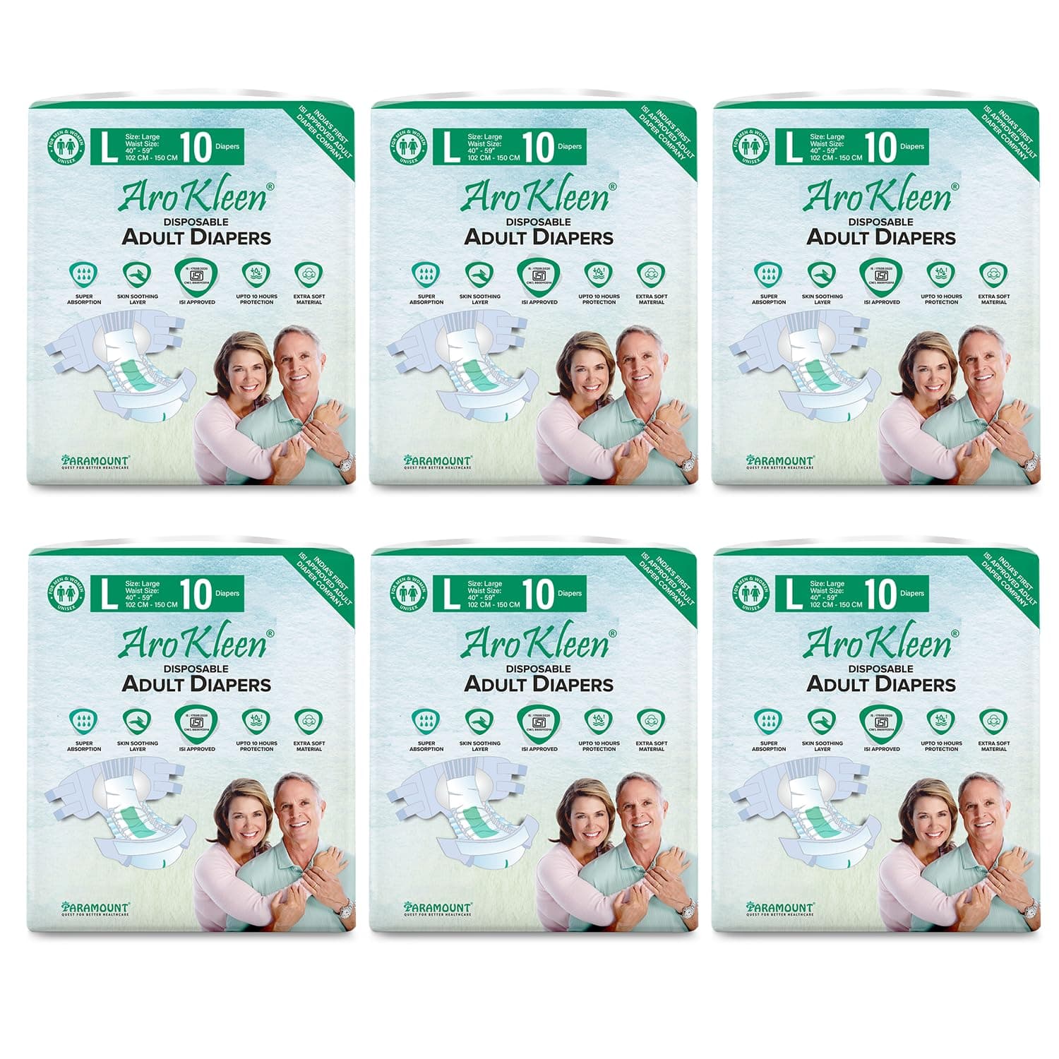 AroKleen (ISI CERTIFIED) Adult Diapers Tape Style | Large (L) Size, 60 Count, Waist Size (102-150cm | 40"-59" inches), Unisex, High Absorbency, Leak Proof, Overnight Protection, Odour lock, Anti-Bacterial Absorbent Core-Pack of 6