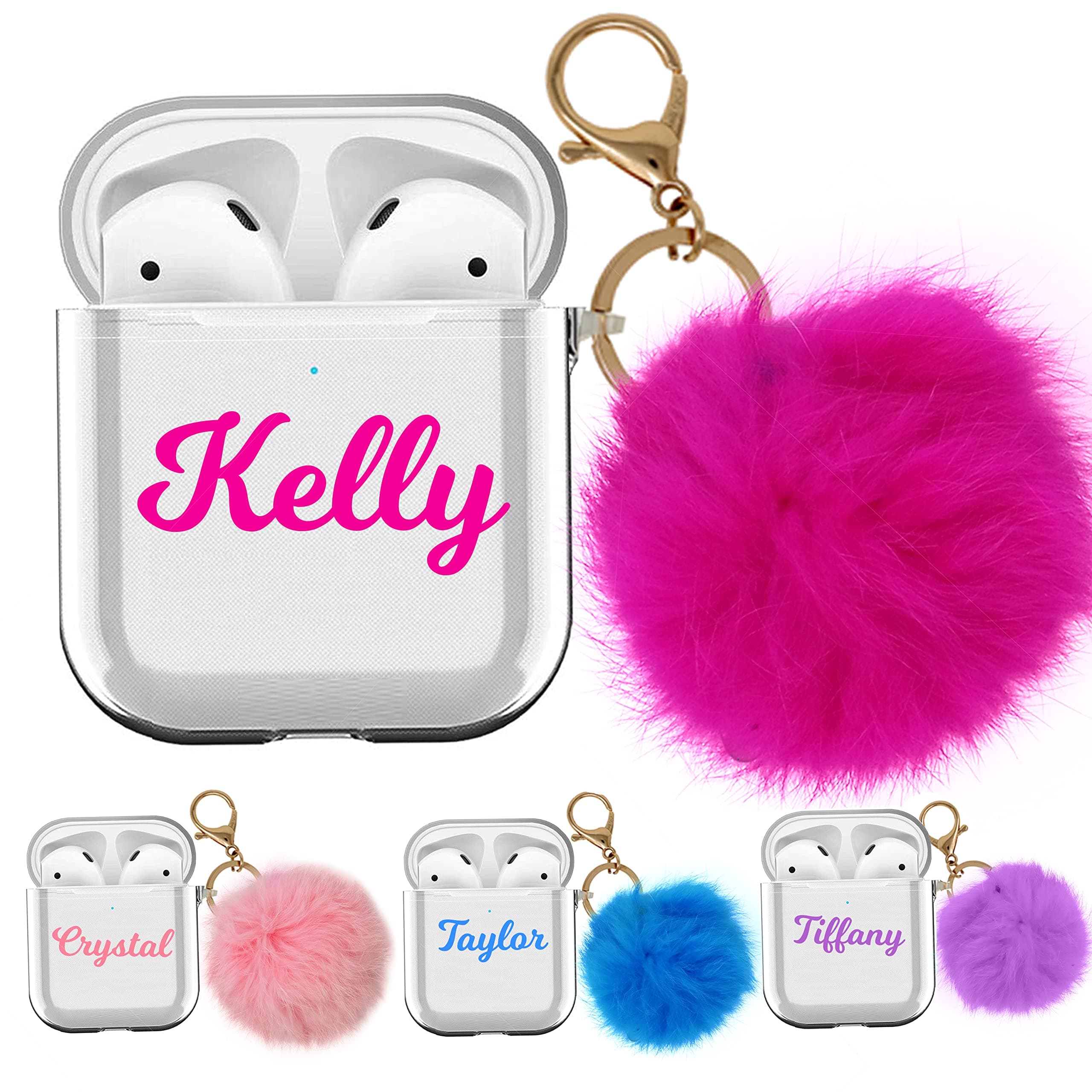 Custom Name Airpods Case Cover Compatible with AirPods 2nd 1st Generation with Furball keychian, 4 Color to Choose Hot Pink Blue Lavender Pompom, Personalized for Girls and Women