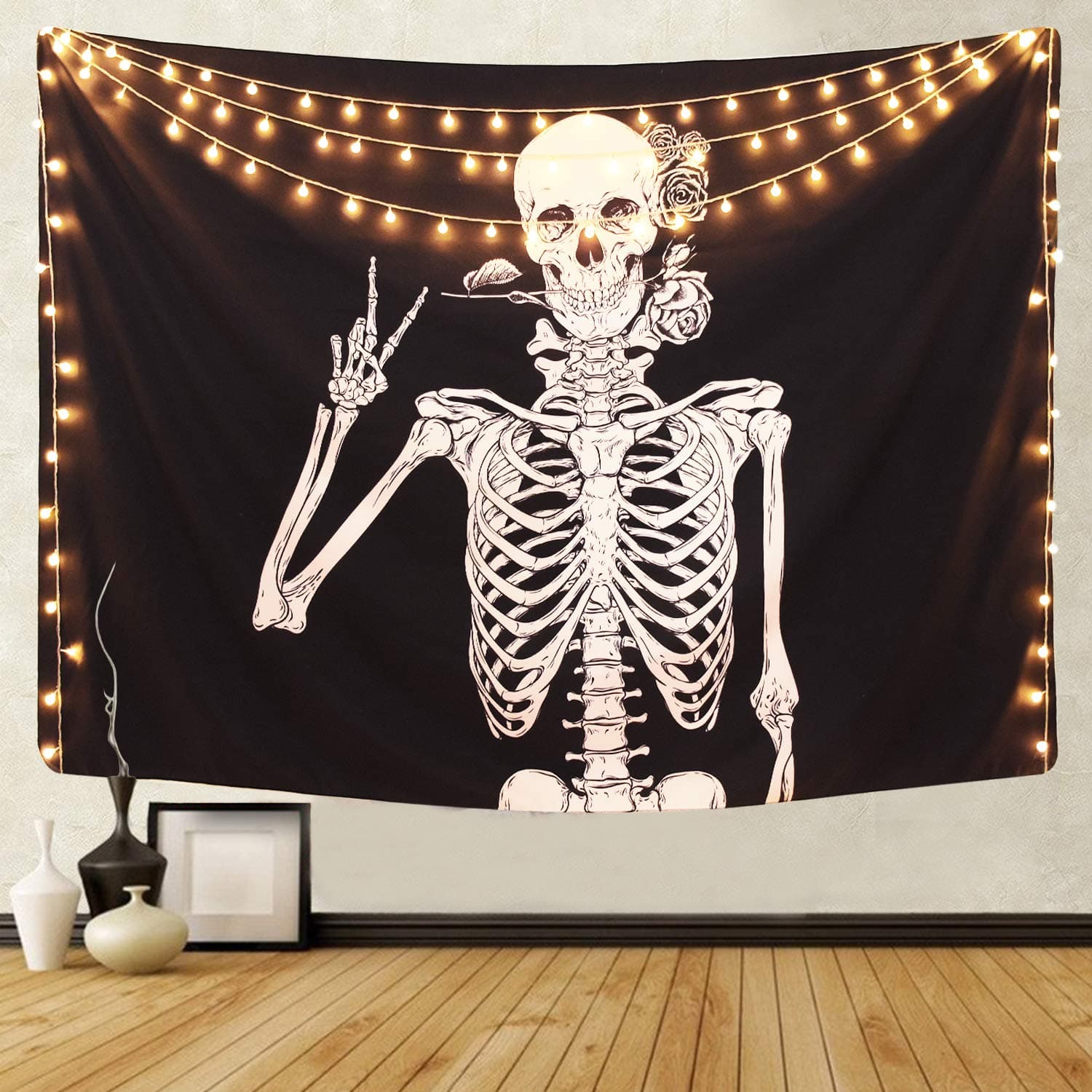 Martine Mall Rock and Roll Skull Tapestries, Funny Skull Human Skeleton Tapestry Wall Hanging for Room Decoration, Black and White Wall Art