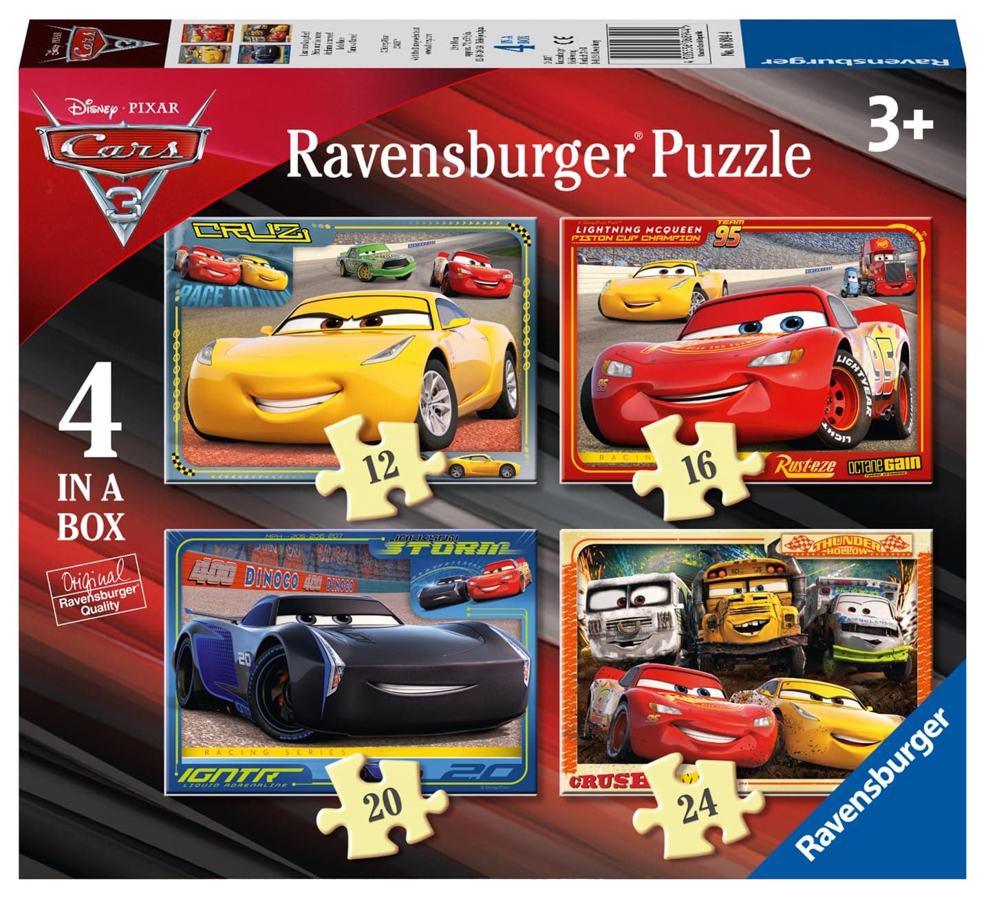 Ravensburger Disney Pixar Cars 4-in-a-Box Jigsaw Puzzles for Kids Ages 3 Years and Up โ 12, 16, 20 & 24 Piece Puzzles โ Lightning McQueen & Friends