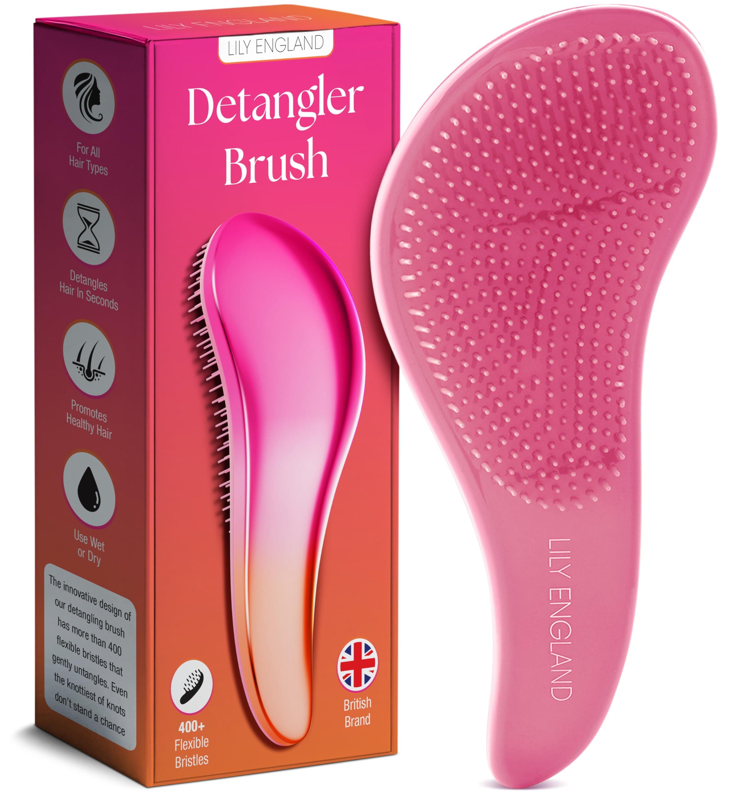 Detangler Hair Brush for Curly, Thick, Straight & Natural Hair - Gentle Detangling Brush for Women, Kids & Toddlers with Flexible Bristles - Smooth Hairbrush for Wet & Dry Hair, Pink