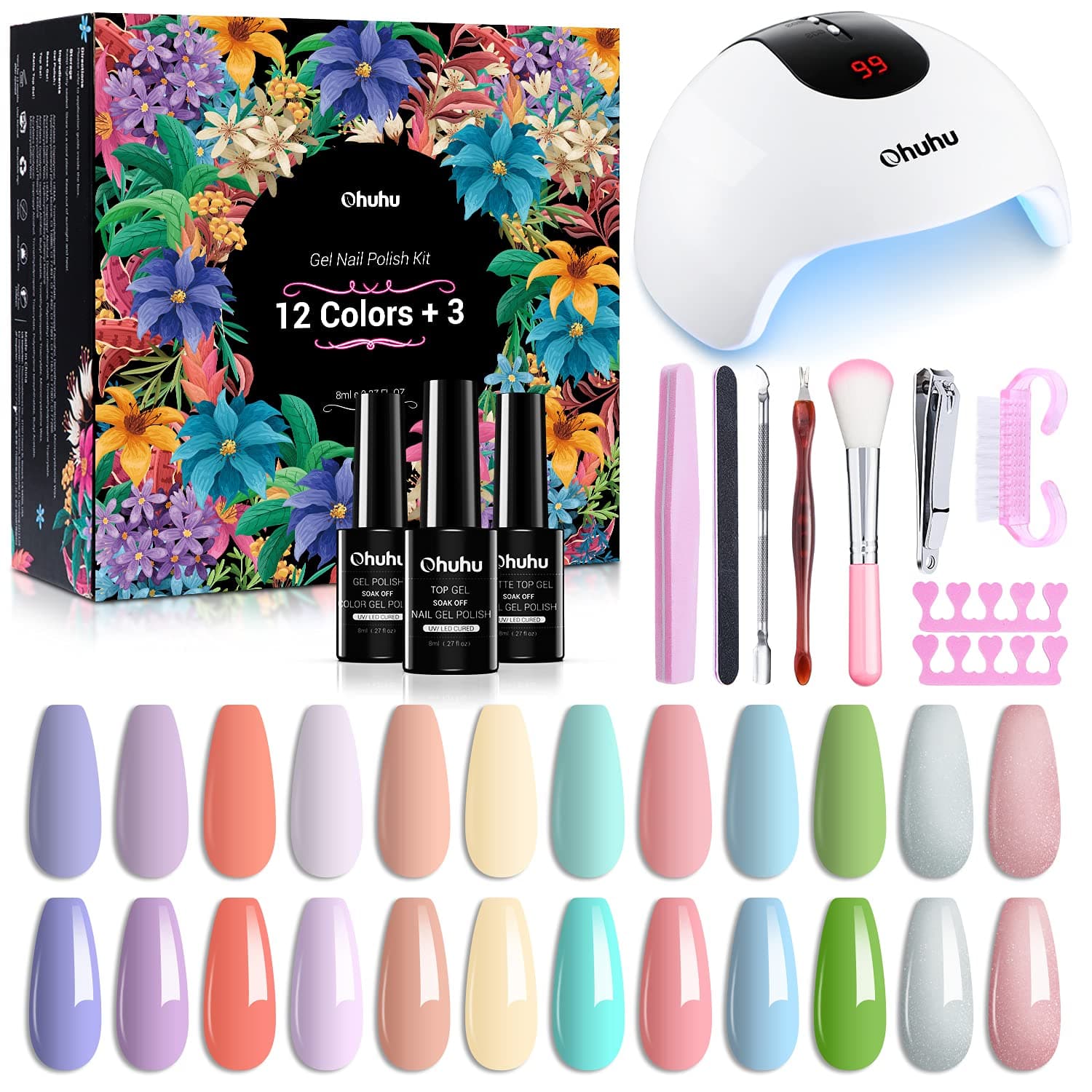 Gel Nail Polish Kit with 36W UV LED Lamp, Ohuhu 12 Nude Colors Nail Gel Polish Set with Glossy and Matte Top Coat Soak Off Manicure Tools Set for Girls Mother Women Nail Art Decorations
