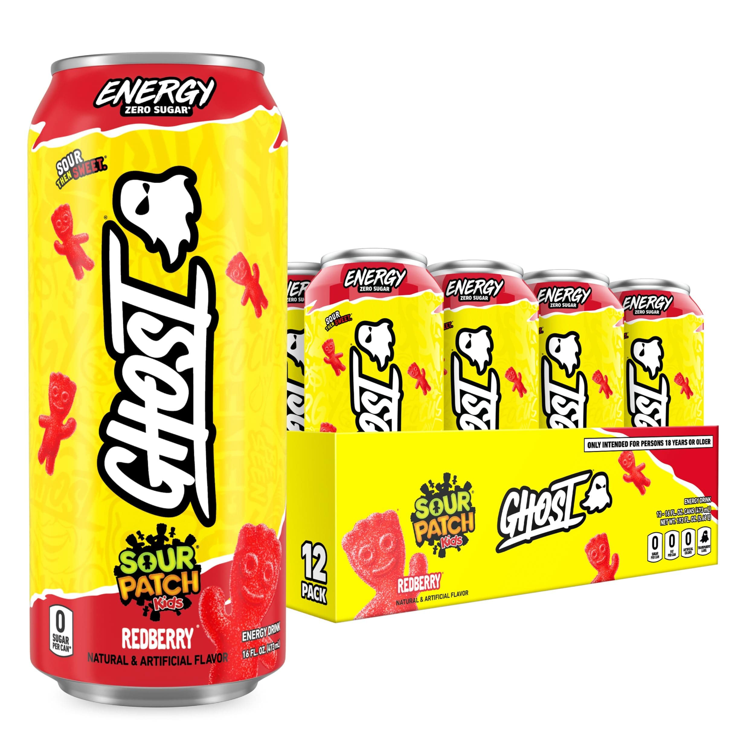 GHOST Energy Drink - 12-Pack, Sour Patch Kids Redberry, 16oz - Energy & Focus & No Artificial Colors - 200mg of Natural Caffeine, L-Carnitine & Taurine - Gluten-Free & Vegan