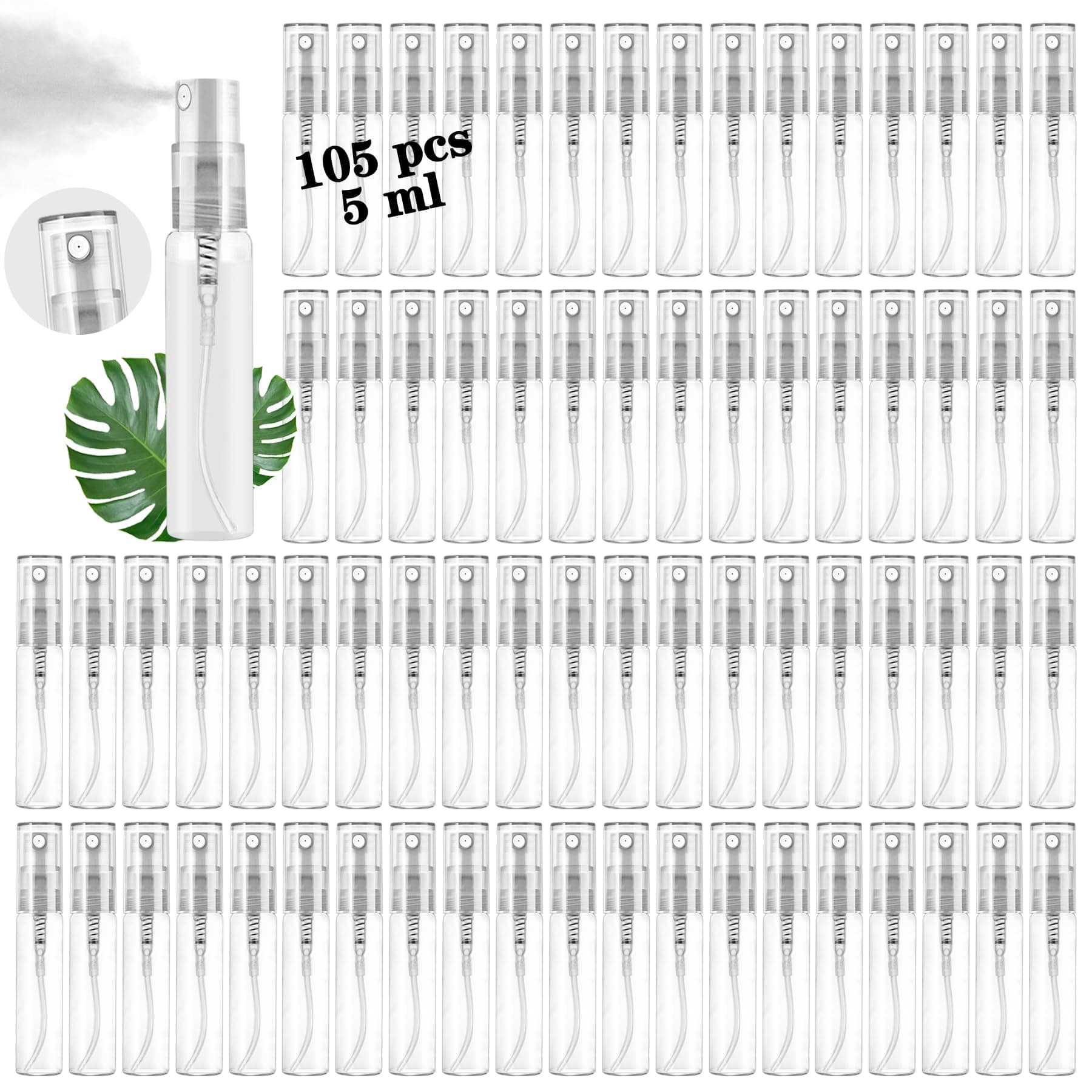 Mini Spray Bottles 105PCS 5ML Clear Glass Perfume Bottles Refillable Fine Mist Spray Bottles Empty Fragrance Scent Sample Spray Containers Cosmetics Make up Atomizer for Cleaning,Travel,Essential Oils