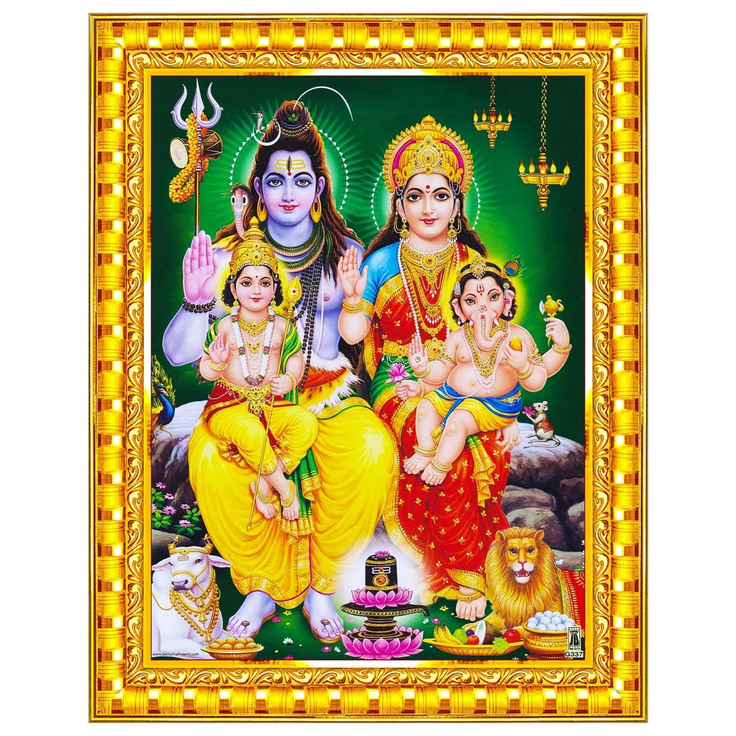 Shiv Parivar Family Siva Parvati Lord Shiva Wall Painting Framed Home Decor (Wood,Matte,Gold,Small Size,6 x 8 Inch) R145S