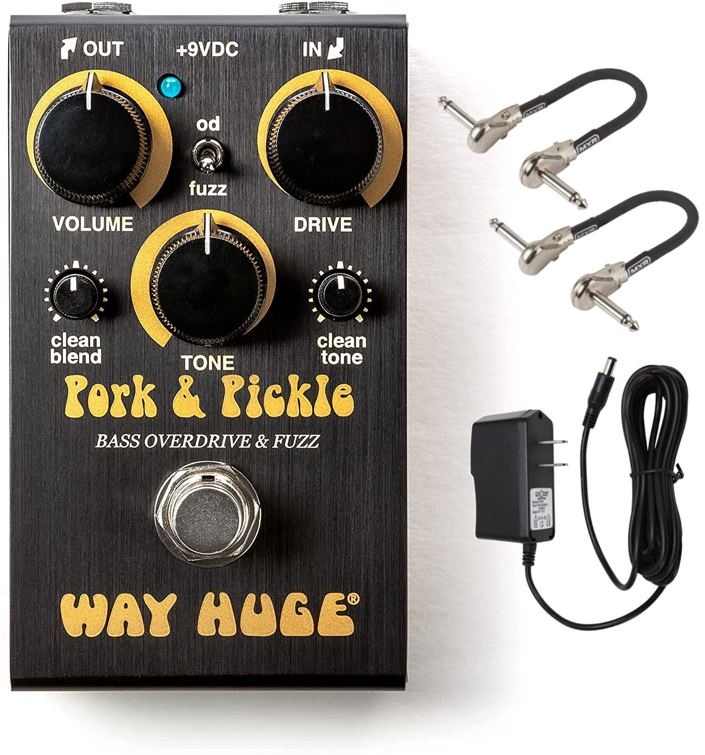 Briskdrop Way Huge Smalls WM91 Pork & Pickle Bass Overdrive & Fuzz Pedal Bundle with 2 MXR Patch Cables and Power Supply