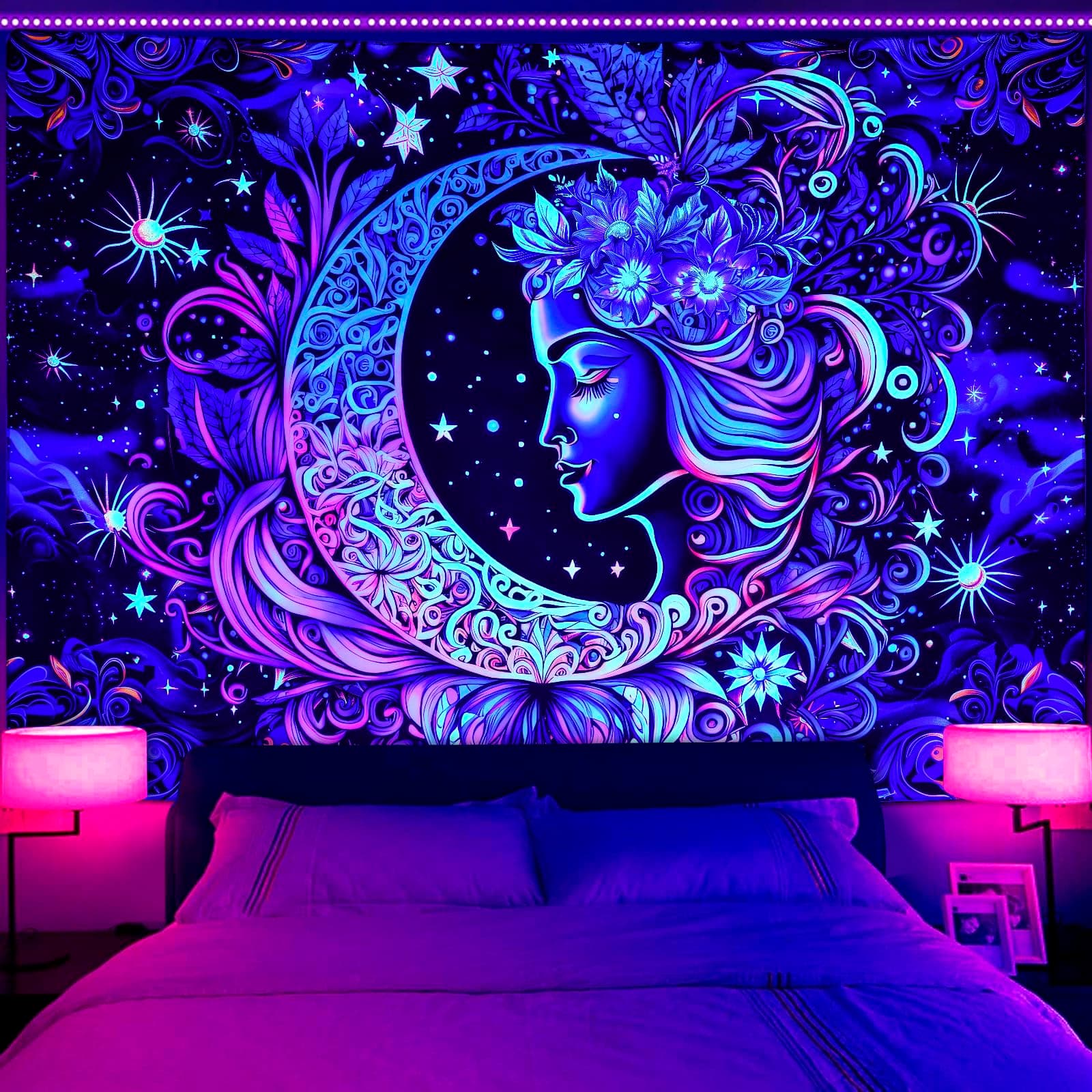 AtawLege Blacklight Tapestry UV Reactive Moon and Star Mandala Boho Wall Hanging for Bedroom (59.1 x 59.1 inches)
