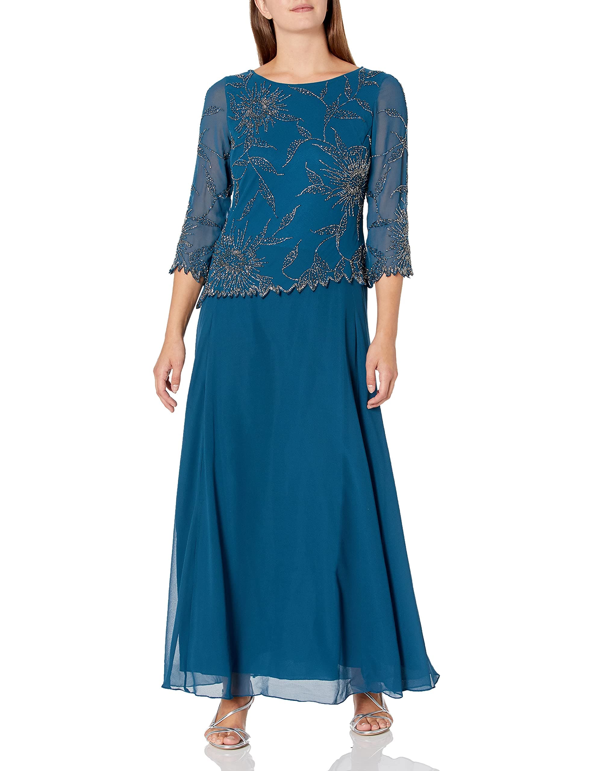 J KaraPlus Size Womens Scoop Neck Line with 3/4 Sleeve Beaded Top Long Dress