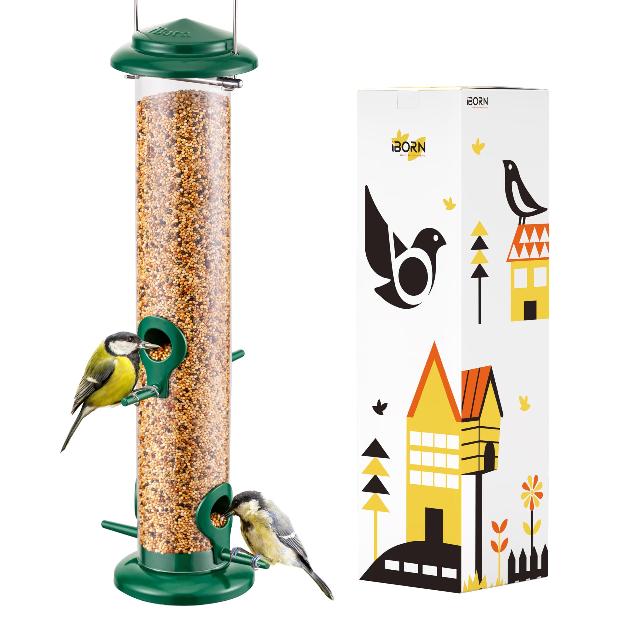 iBorn Metal Bird Feeders Hanging Wild Bird Seed Feeder for Mix Seed Blends, Niger Seed Feeder, Sunflower Heart, Birdbath, Heavy Duty All Metal Green Finishing 14 Inch 4Port