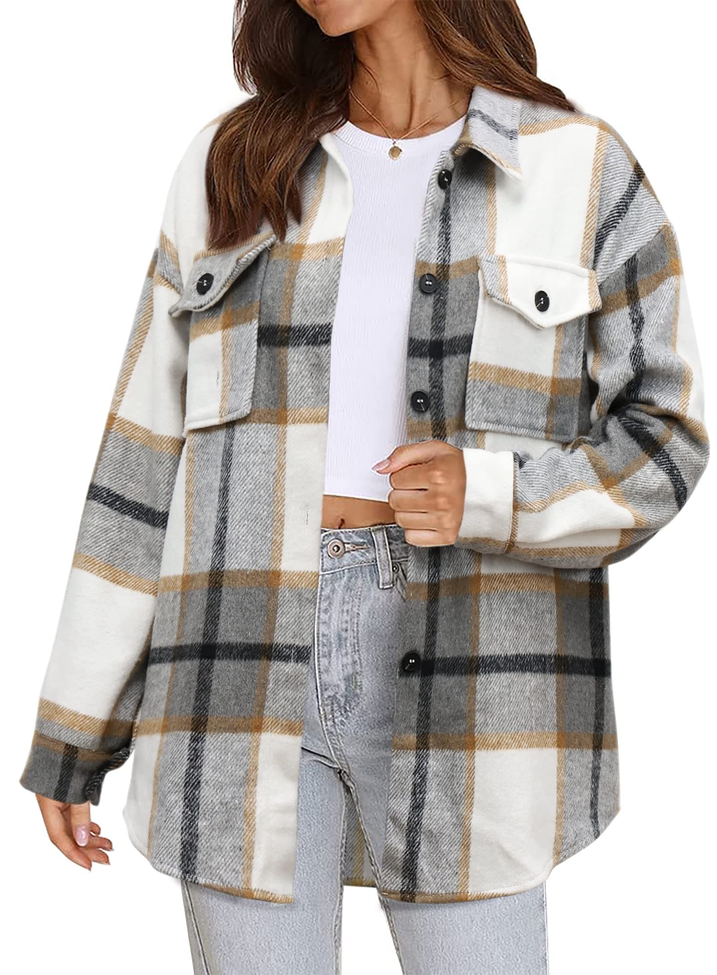 Beaully Women's Flannel Plaid Shacket Long Sleeve Button Down Shirts Jacket Coats with Side Pockets